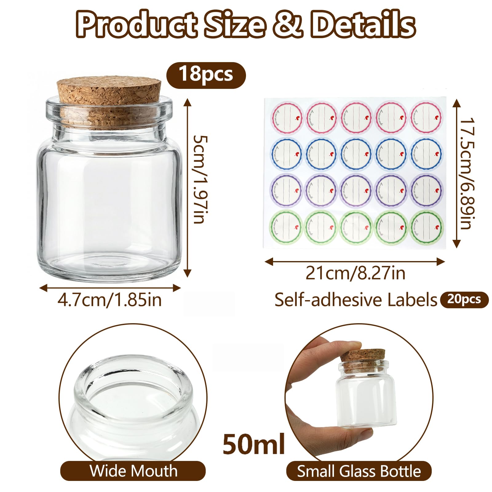 Zestaw 18 mini szklanych buteleczek (50 ml) z korkiem do napełniania, puste małe buteleczki, słoiki na przyprawy, na prezent ślubny, przyprawy kuchenne, do majsterkowania, na imprezy, z 20 etykietami