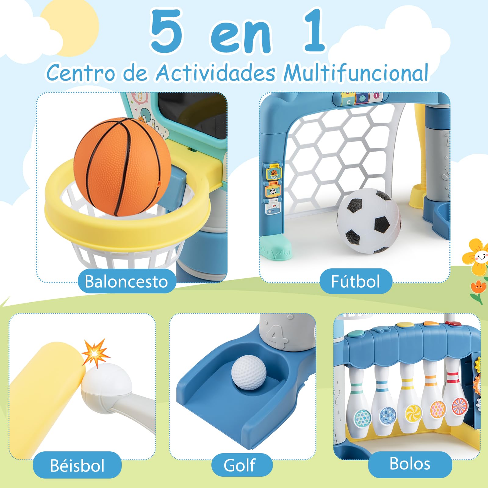 GOPLUS Juguetes Deportivos para Niños, Centro de Actividades 5 en 1 con Baloncesto, Fútbol, Bolos, Béisbol y Golf con Luces y Sonidos, para Niños de 1-3 Años
