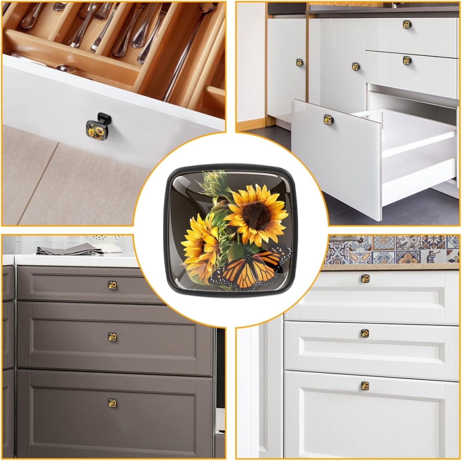 Square Cabinet Knobs Sunflower and Butterfly Kitchen Pulls Cabinet Hardware Cupboard Drawer Knobs,Pack of 4