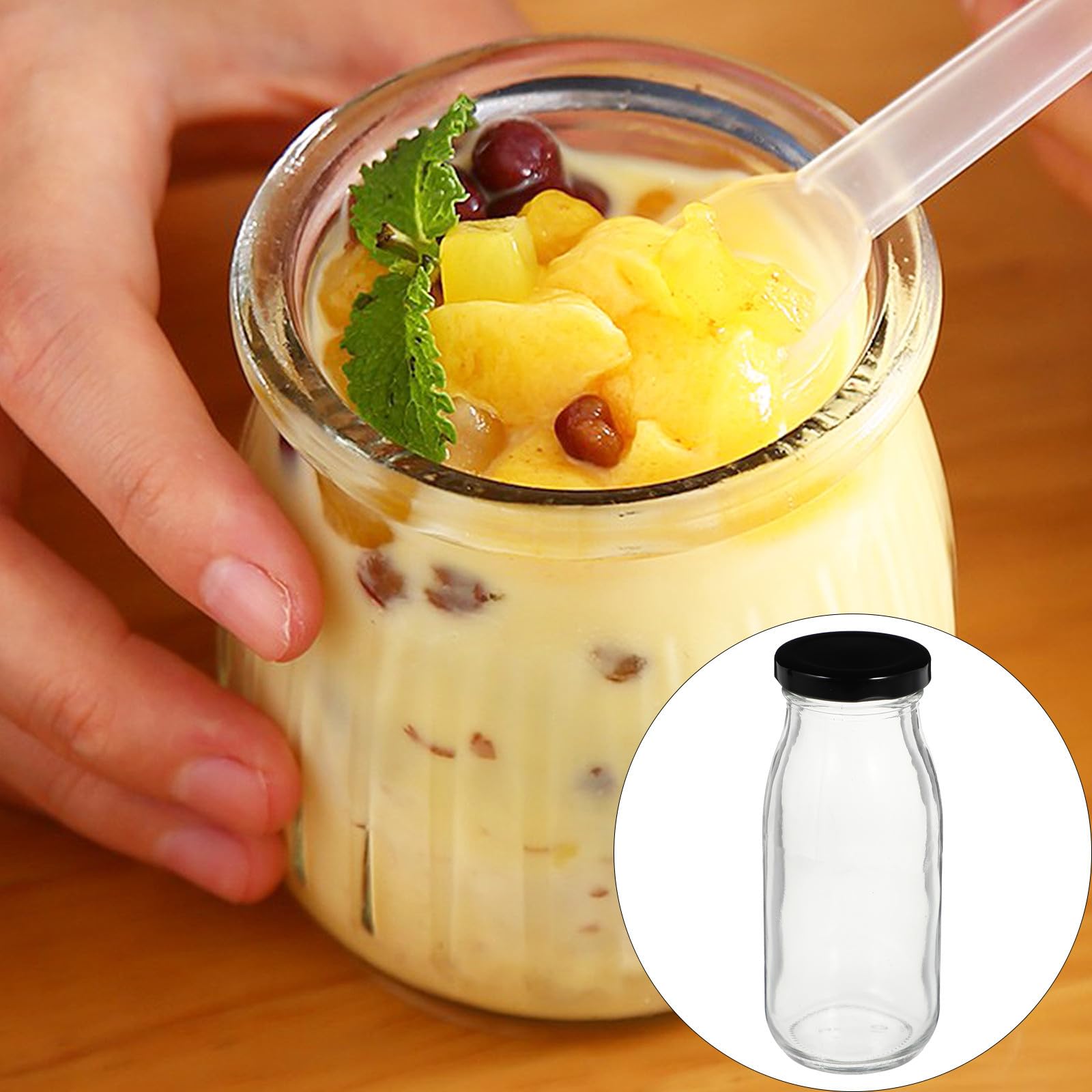 Housoutil Verdickte 250ml Glasflasche mit Schwarzem Deckel Stabile Milchflasche für Joghurt und Saft Verschließbar und Tragbar für Familien und Restaurants