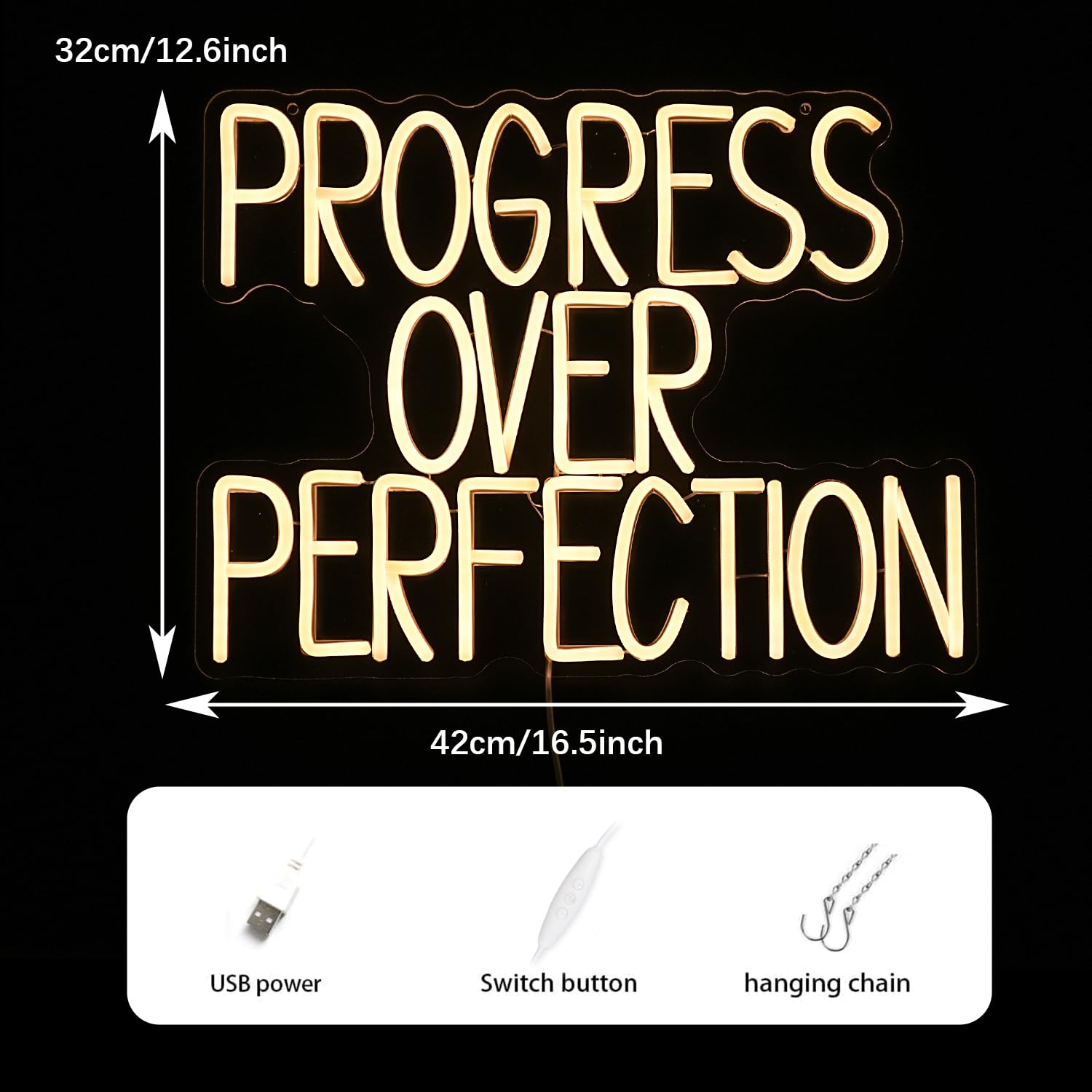 Neonowy znak "Progress Over Perfection" do dekoracji ścian, możliwość przyciemniania, ciepłe białe słowa, LED, zasilany przez USB, litery, neonowe światło do klasy, sypialni, biblioteki, gabinetu (40