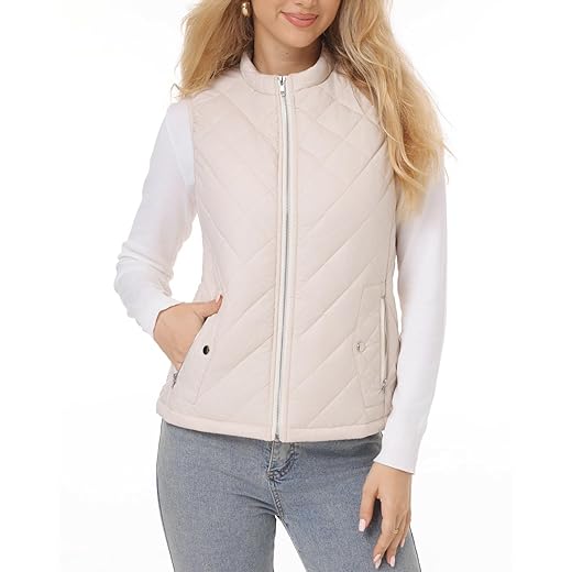 Fuinloth Women's Quilted Vest, Stand Collar Lightweight Zip Padded Gilet