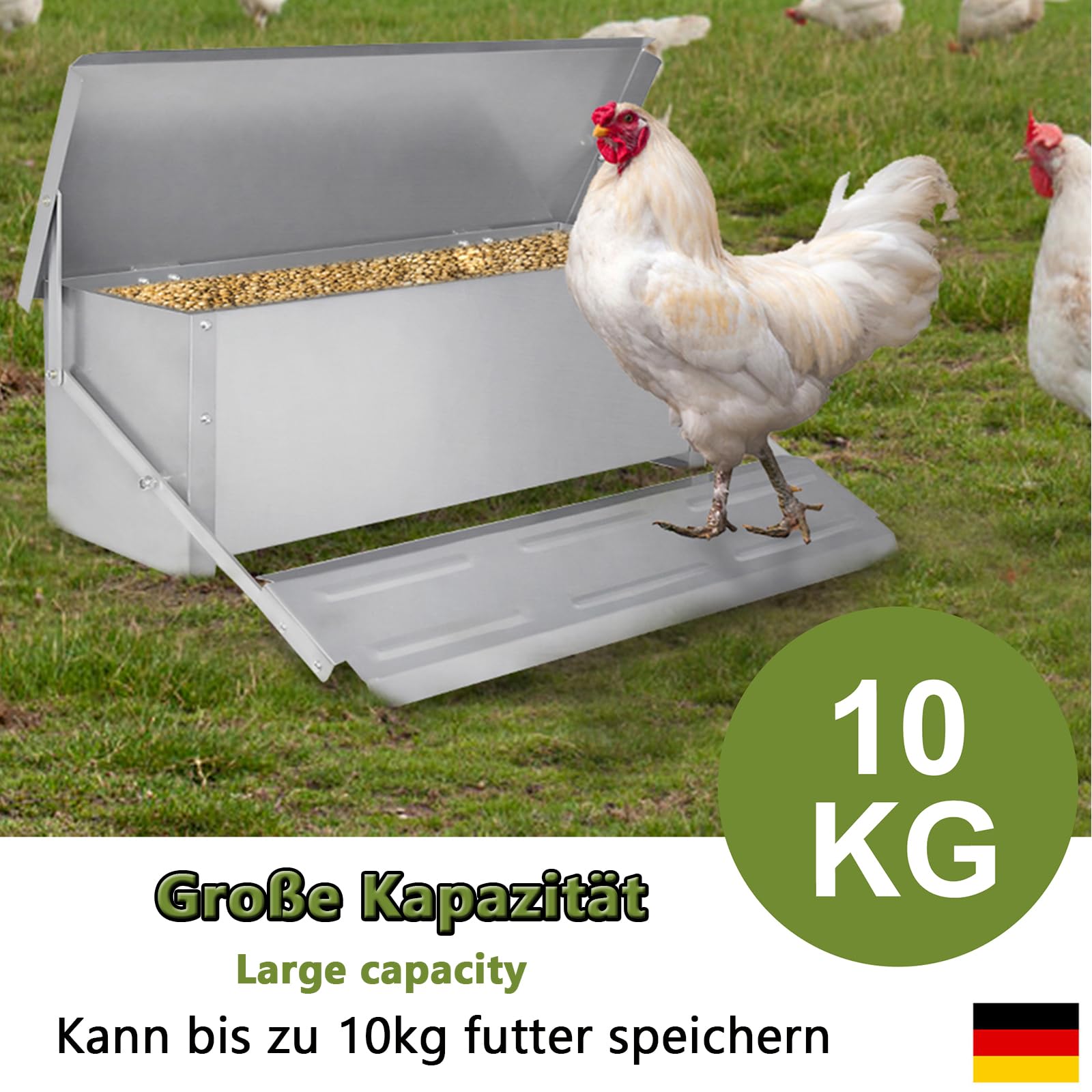 LZQ Futterautomat Hühnerfutter Automat 10 kg, Geflügelfutterautomaten Hühnerfutterautomat Aus Aluminium mit Großem Fassungsvermögen,Anti-Nagetier,Wasserdicht Anti-Rost（2 Packung）