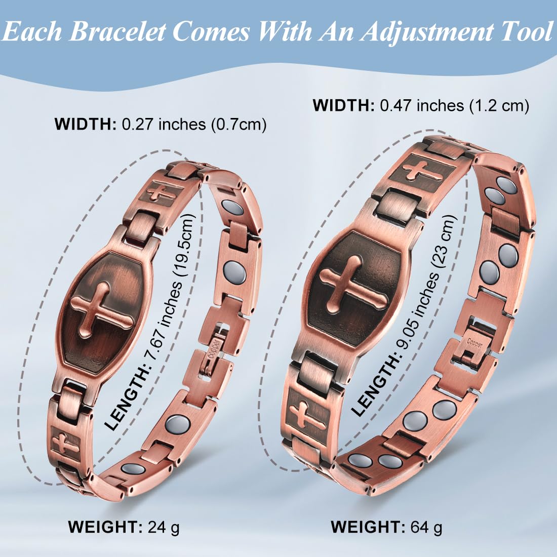 Vicmag Bracelet magnétique ultra résistant en cuivre pur 99,9 % pour homme - Outil de réglage de la taille, One Size, Métal, Pas de pierre précieuse