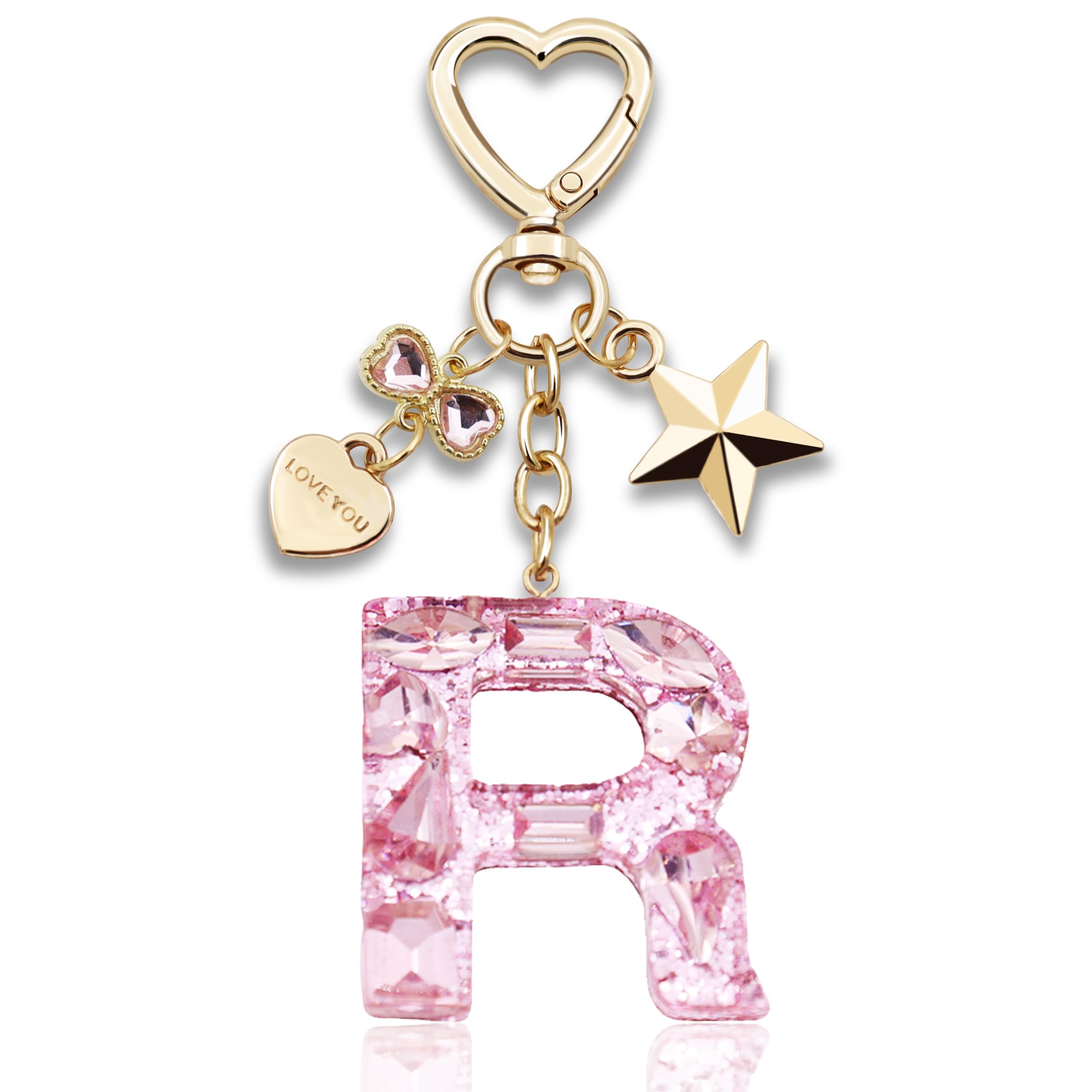 Glitter Initial Letter Keychain Gift for Women Cute Pink Resin Keychains for Bag