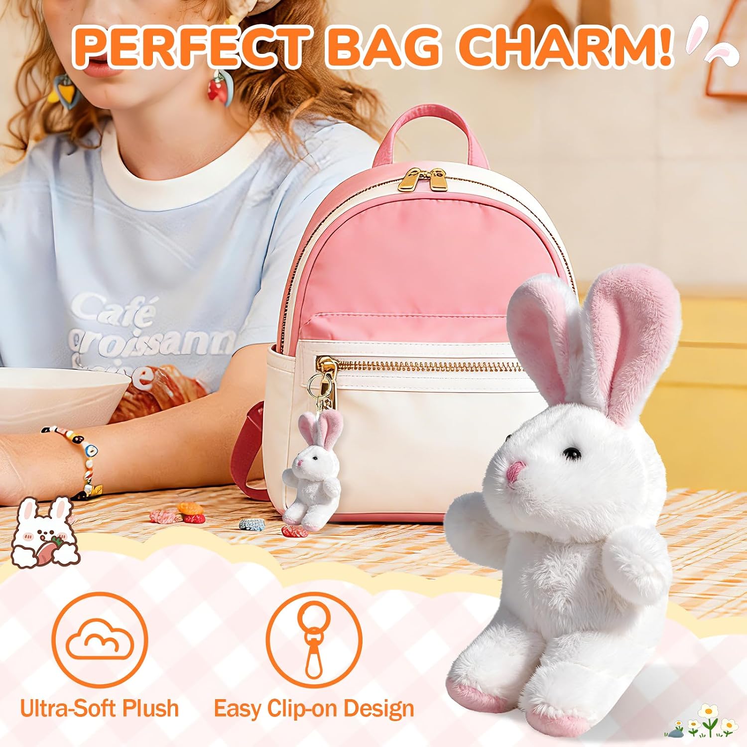 Cute Rabbit Plush Keychain 12cm/ 4.7'' Mini Rabbit Bag Charm with Key Chain Ring Clip Holder, Purse Charms Gift for Handbags/Backpack/Keys (White)