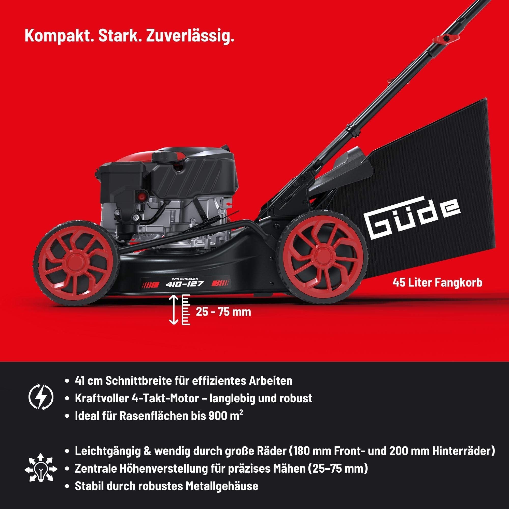 Güde EW 410-127 Eco Wheeler - Cortacésped de Gasolina, Motor de 4 Tiempos, cilindrada de 127 centímetros cúbicos, 2 kilovatios, 2,7 CV, Ancho de Corte de 41 centímetros, Ajuste de Altura de Corte de