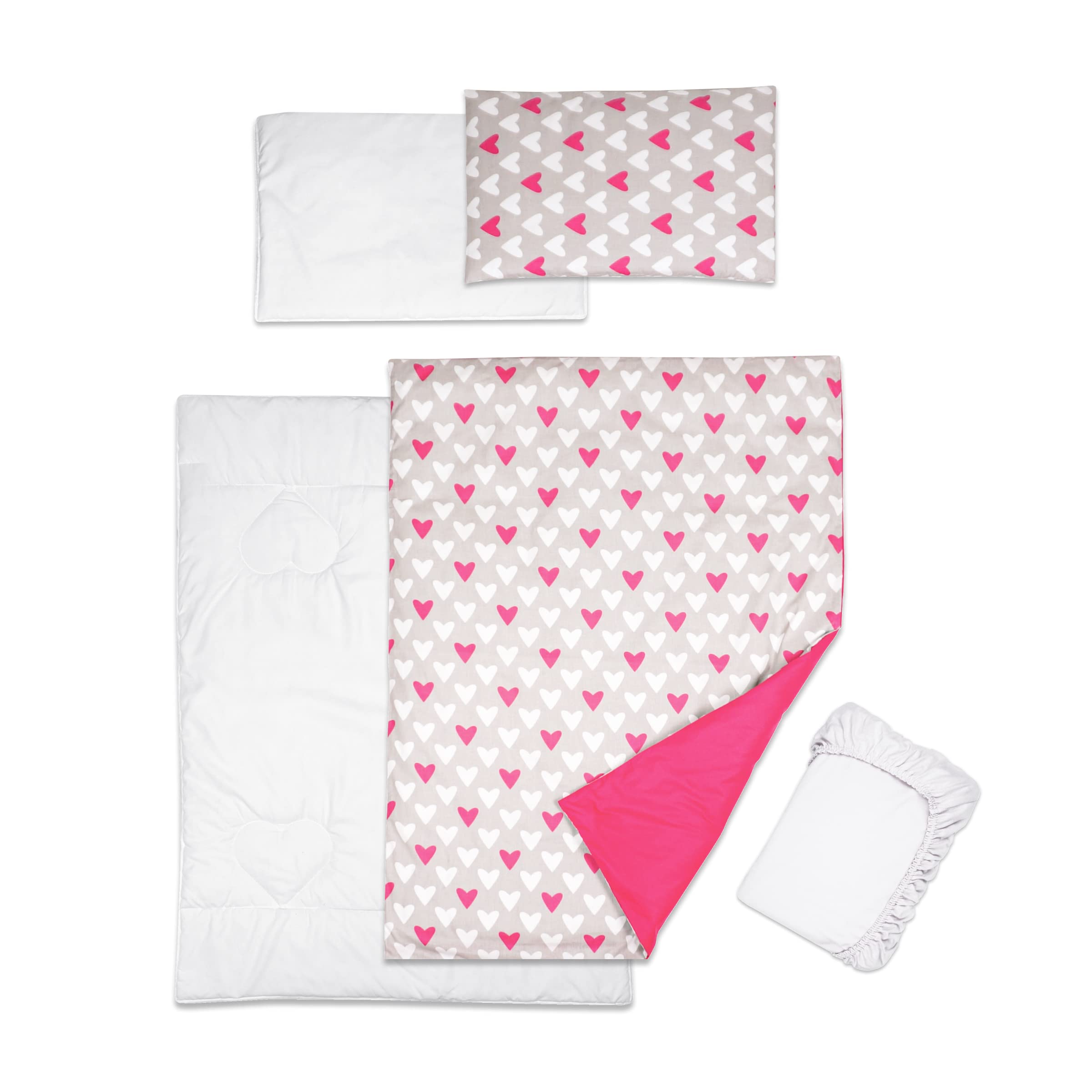 Baby Comfort 5 Piece Toddler Bedding Duvet Pillow with Covers & Jersey Sheet fits 120x60cm Cot Bed 12M+ (Pink Hearts)