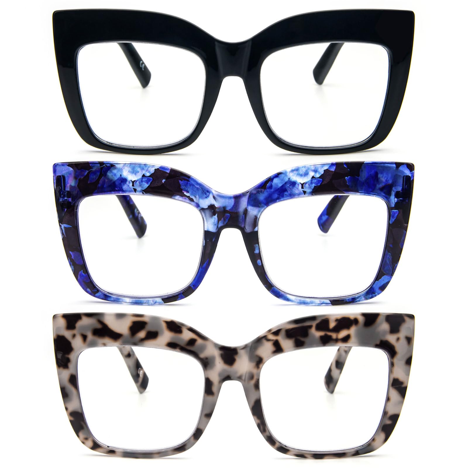 REAVEE 3 Pack Oversized Reading Glasses for Women Thick Large Frame Blue Light Blocking Stylish Computer Readers Spring Hinge,Black Blue Grey 2.5