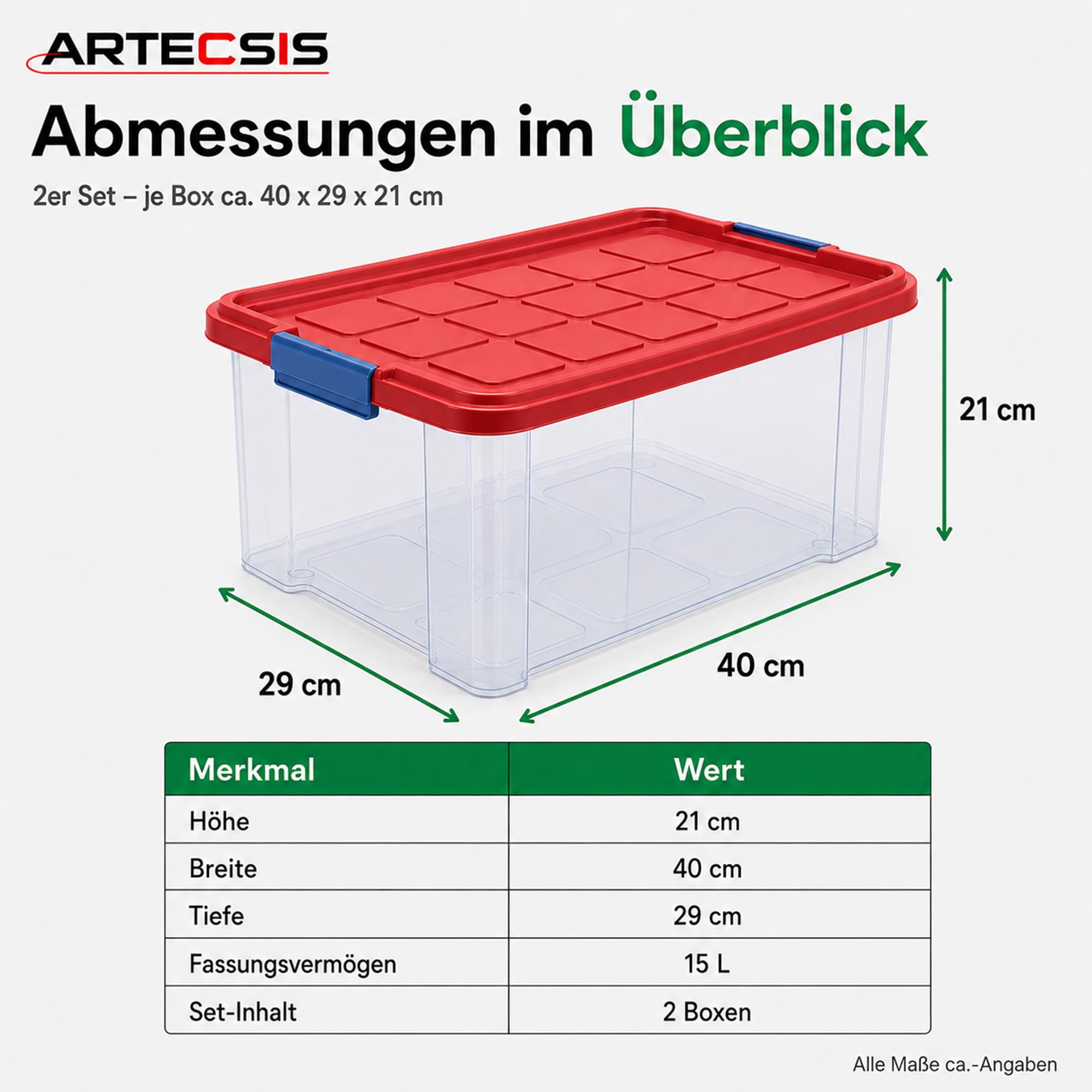 ARTECSIS 4 x Aufbewahrungsboxen aus Plastik M, 15L - 40 x 29 x 21 cm, aufbewahrungsbox mit Deckel, Eurobox, stapelbar