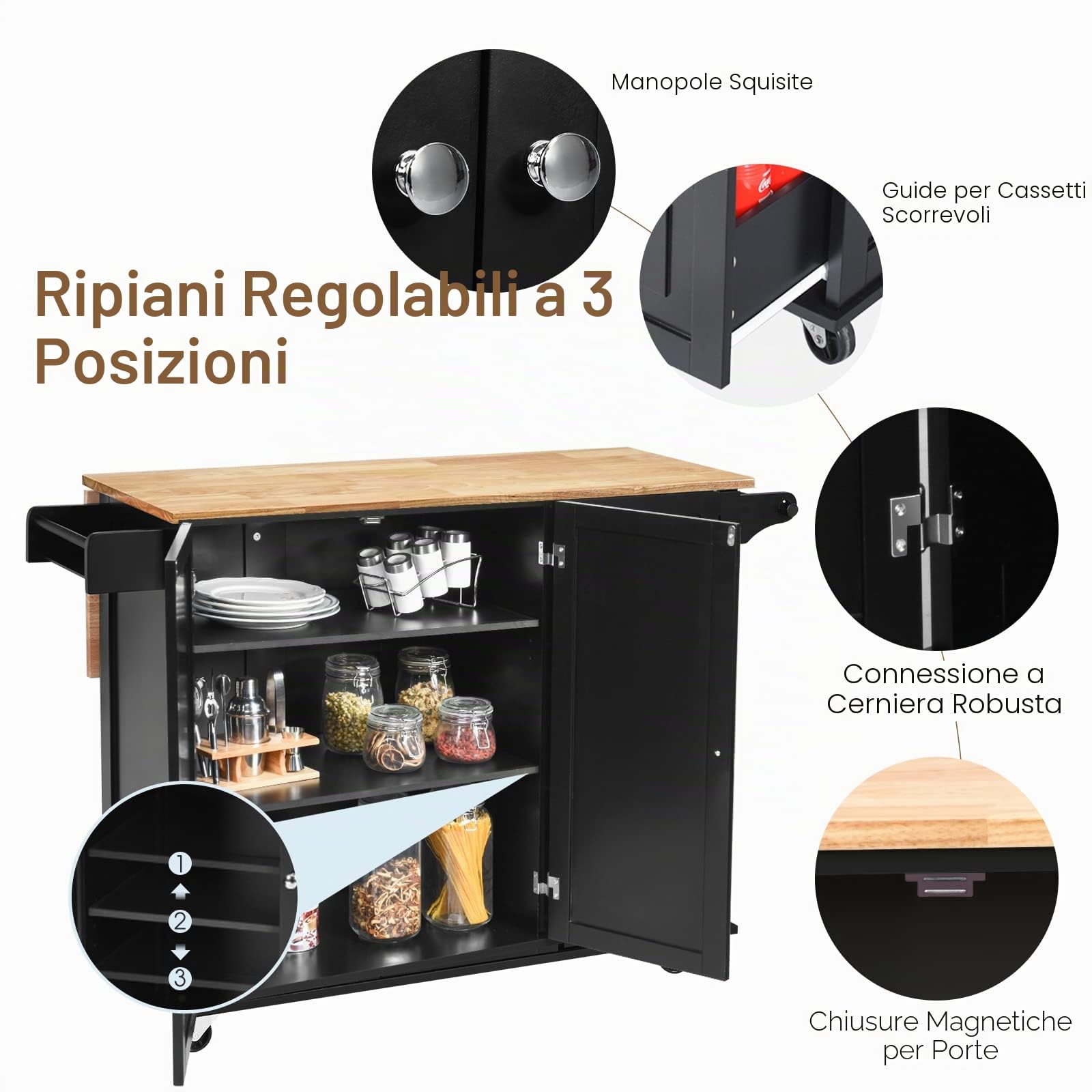 GIANTEX Carrello da Cucina, Credenza Mobile Salvaspazio, Ruote con 2 Freni, Piano Pieghevole, 2 Ripiani Regolabili, 3 Cassetti, 2 Ante, Portaspezie e Portasciugamano, 111x76x91 cm, Nero