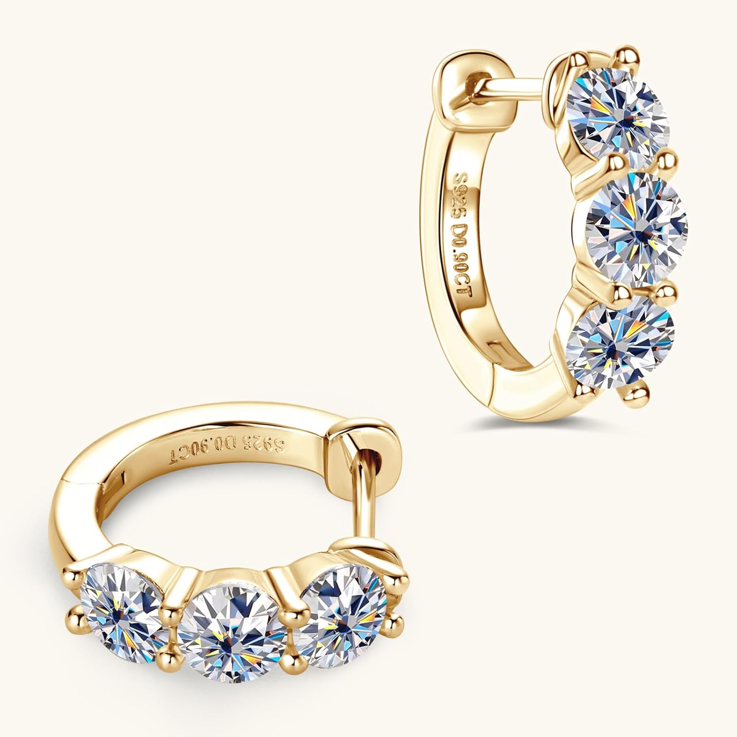 Moissanite Hoop Earrings, 1.2cttw D Color VVS1 Clarity 925 Sterling Silver 3 Stone Huggies Earring for Women and Men Birthday Wedding Jewelry Gifts (Gold) - Image 3