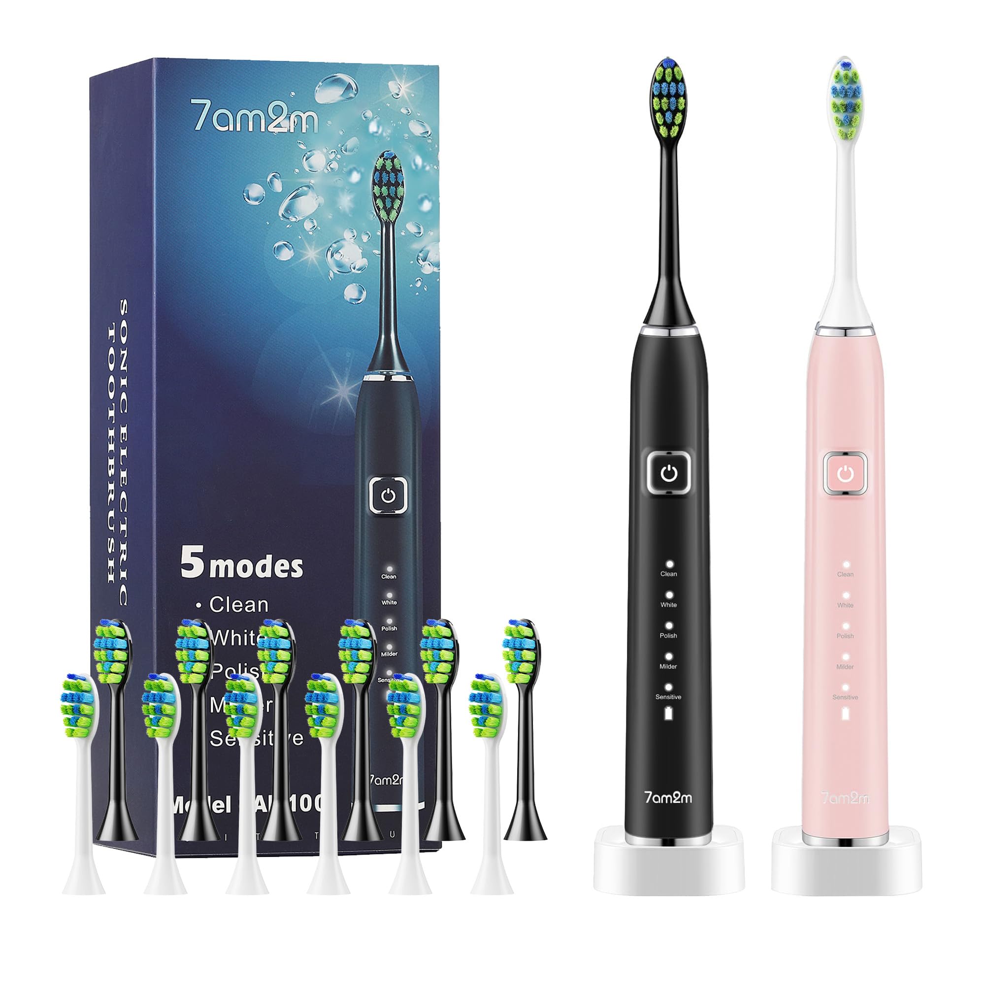 Sponsored Ad - Electric Toothbrush 2 Pack Set for Kids and Adults, 12 Brush Heads,5 Adjustable Modes, Built-in 2-Minute Smart Timer,Wireless Fast Charge for 60 Days,IPX7 Waterproof SonicToothbrush(Black+Pink)
