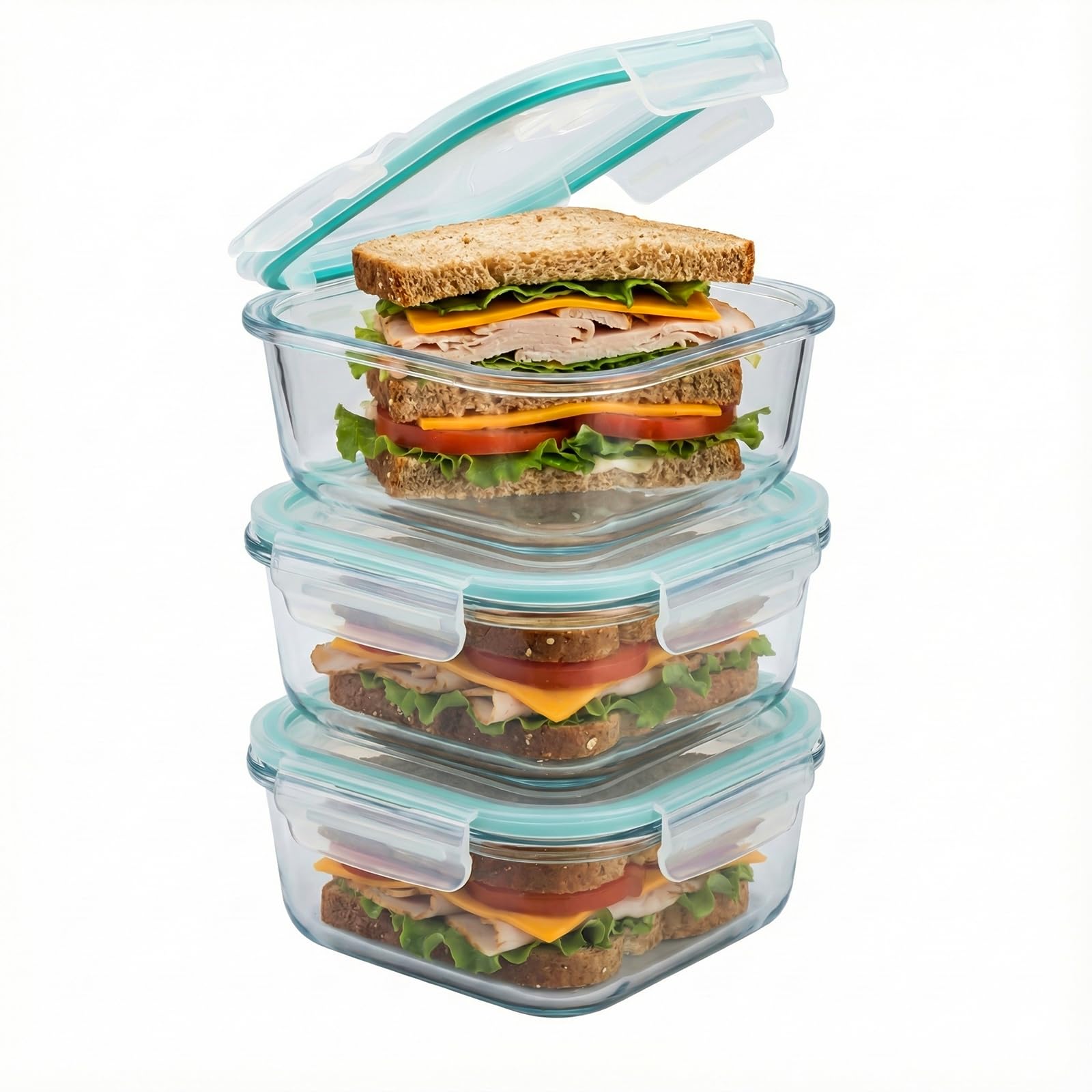 Photo 1 of 3 Pack Glass Sandwich Containers with Lids, 27 oz Reusable Glass Food Storage Containers, Airtight Lid with Vent, No Leak, Microwave and Freezer-Safe, Perfect for Work, Meal Prep and Everyday Storage