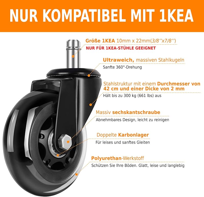YUCONECT Irodai Szék Görgő 10mm 300kg Terhelhetőség 5db IKEA Kompatibilis