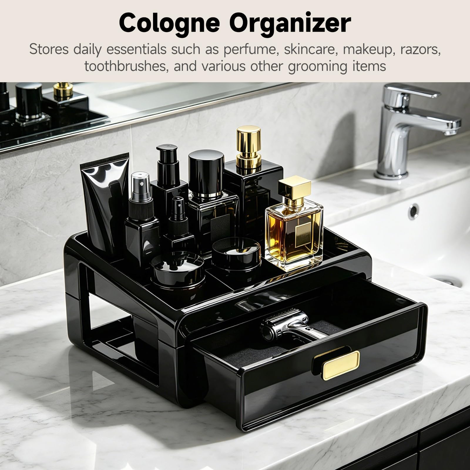 Soporte de colonia de plástico de 2 niveles con cajón y 6 compartimentos, soporte de perfume para hombres, organizador de escritorio multifuncional para tocador, entrada, baño, 11 x 7.9 x 5.4
