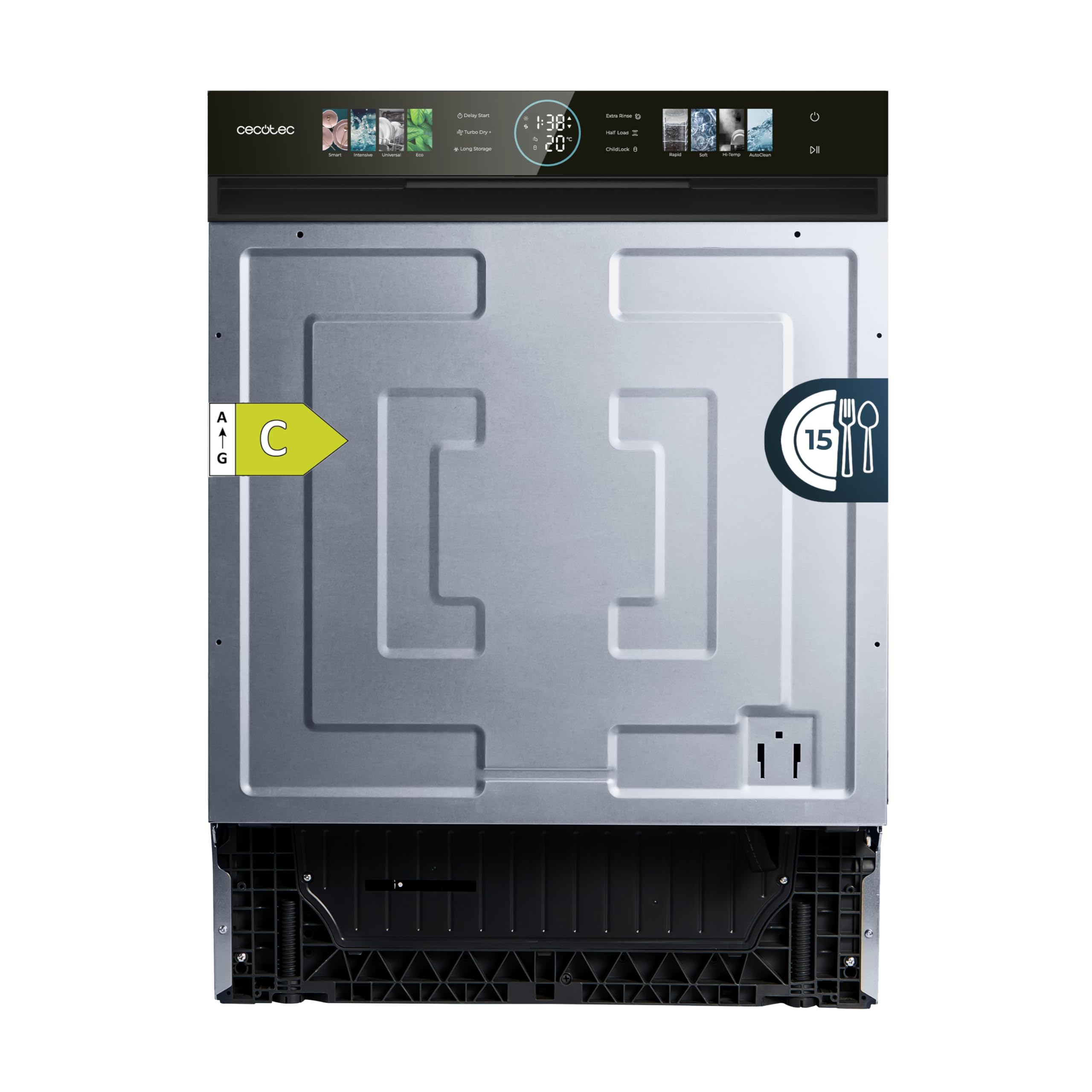 Cecotec Lavastoviglie Semi-Integrata 60cm Bolero Aguazero 6620 S-BI C, 1850W, 15 Coperti, 8 Programmi, Motore Inverter, Display FullColor XXL, Smart Wash, Turbo Dry+, AutoClean, Dual Zone Wash