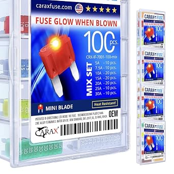 CARAX Glow Fuse Premium Mini Blade 100 pcs. Assortment Kit Glow When Blown LED Automotive Fuse Smart Auto Glow Fuse Easy Identification Mix 100 pcs.