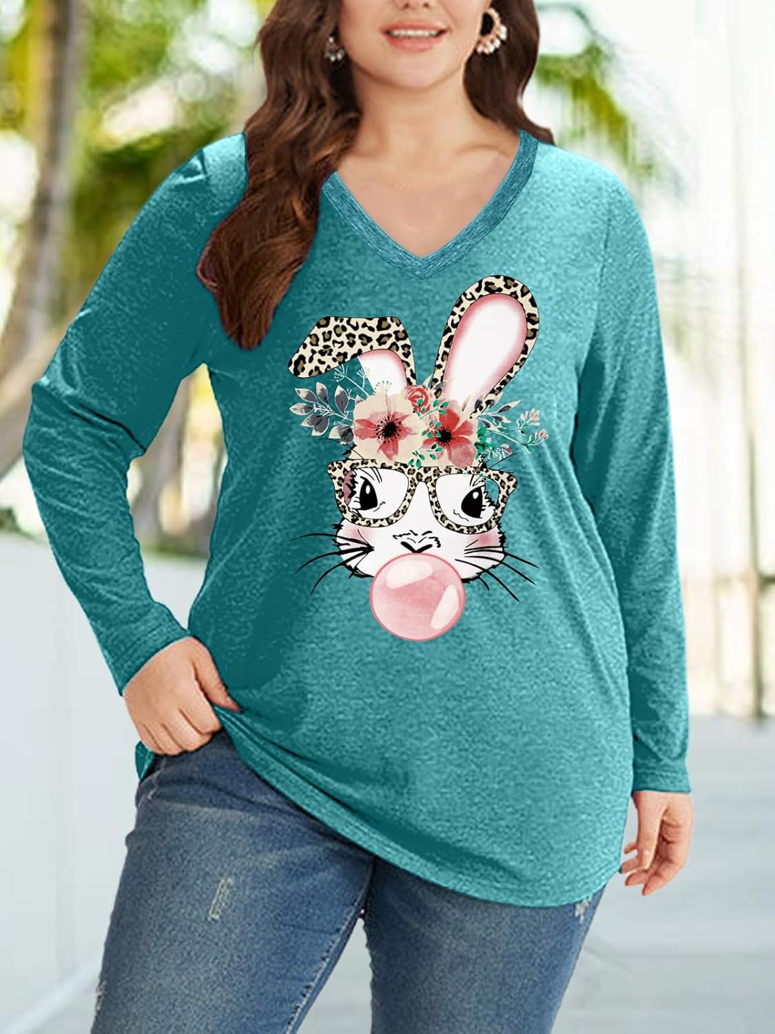 Plus Size Easter Shirts for Women Happy Easter T Shirt Bunny Rabbit V Neck Tees Easter Long Sleeve Shirt Tops - Image 3