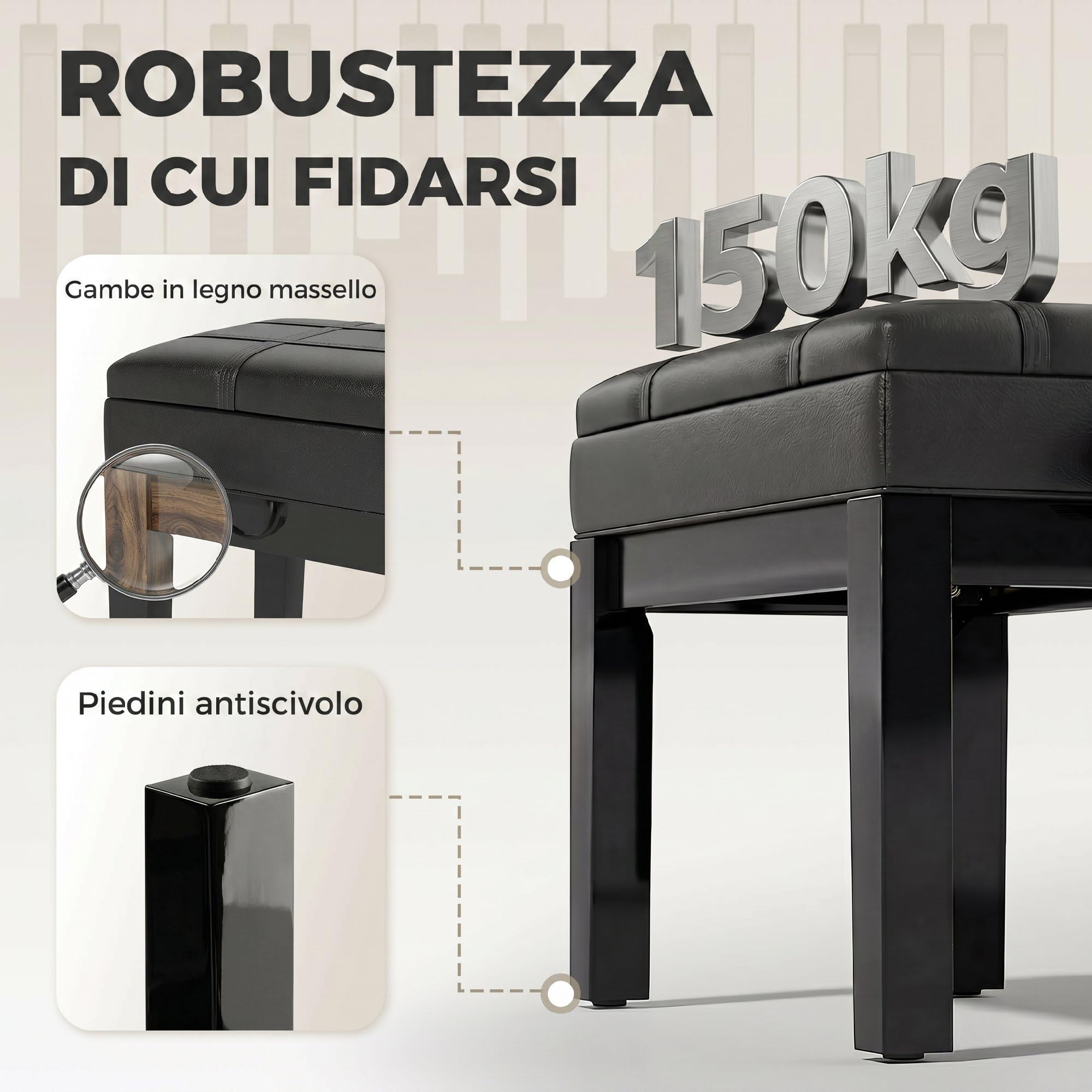 HOMCOM Sgabello per Pianoforte con Altezza Regolabile e Vano Contenitore, Panca per Pianoforte in Legno e Finta Pelle PU, 63x35x46-56cm, Nero