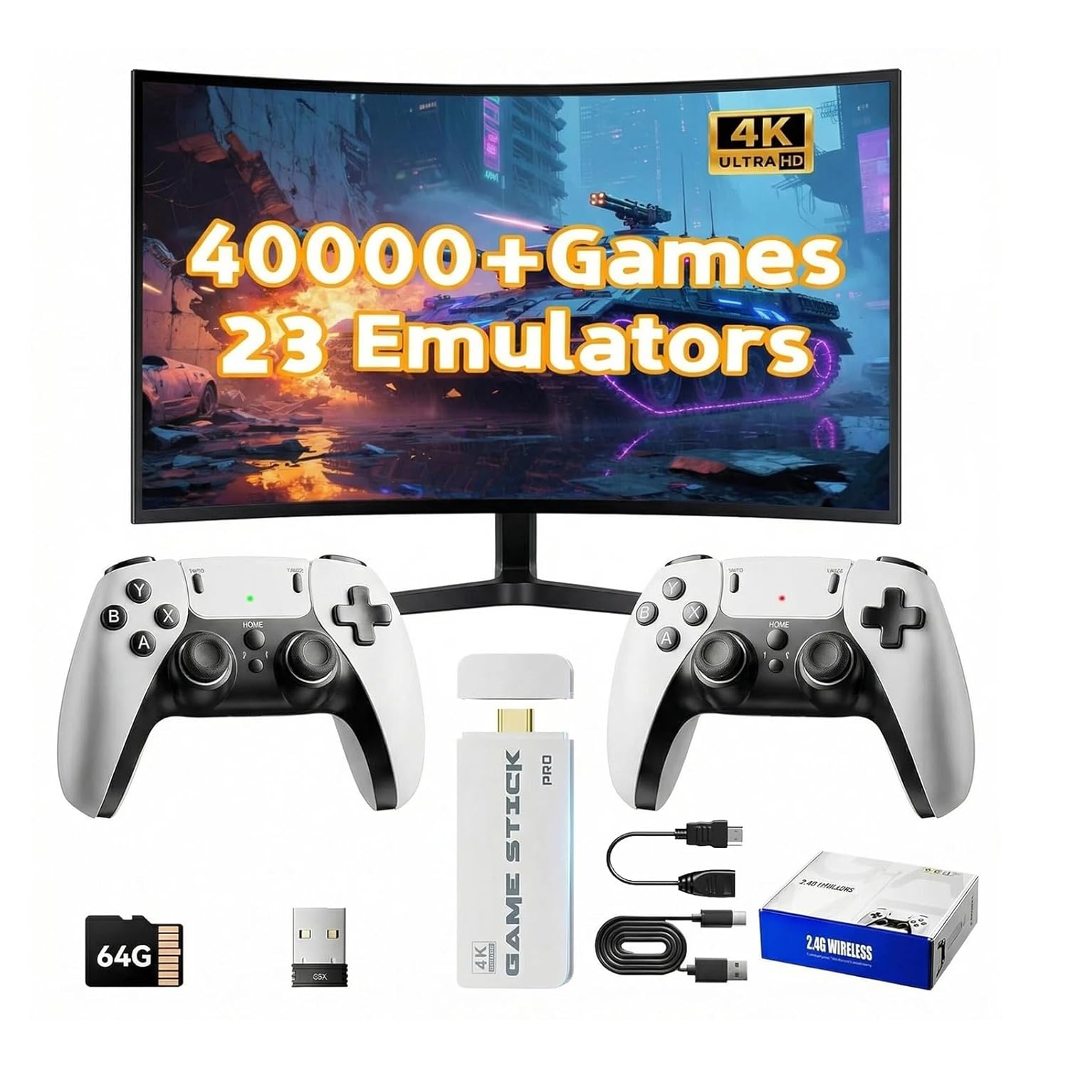 Retro Game Console Stick 4K for TV, Built-in 40,000+ Classic Games, 23 Emulators Video Gaming System, Plug and Play HDMI Game Stick with 2 Wireless Controllers, No WiFi Needed (White)