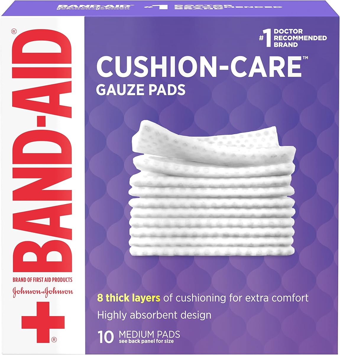 Almohadillas de gasa para el cuidado del cojín de la marca BAND-AID, tamaño mediano, 3 x 3 pulgadas, 10 unidades