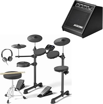 AODSK Drum Kit+30W Amplifier, 150 Sounds, 4 Pads, 2 Pedals, 10" Cymbals