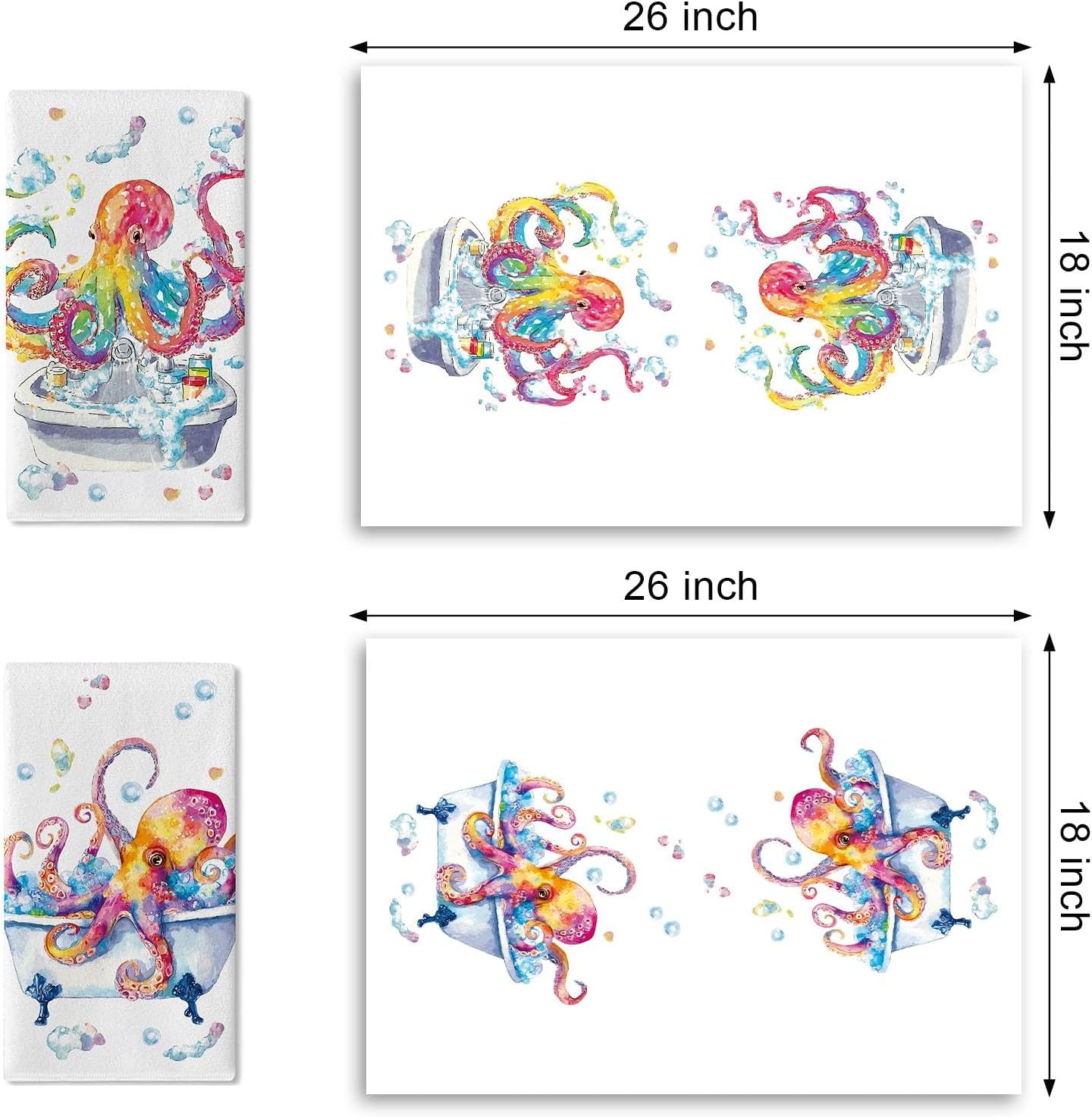 Watercolor Coastal Octopus Bathroom Kitchen Dish Towels Set of 2, Bathtub Toilet Beach House Drying Hand Towel Baking Cooking Cloth, Nautical Sea Ocean Washroom Restroom Home Decor 18''x26''