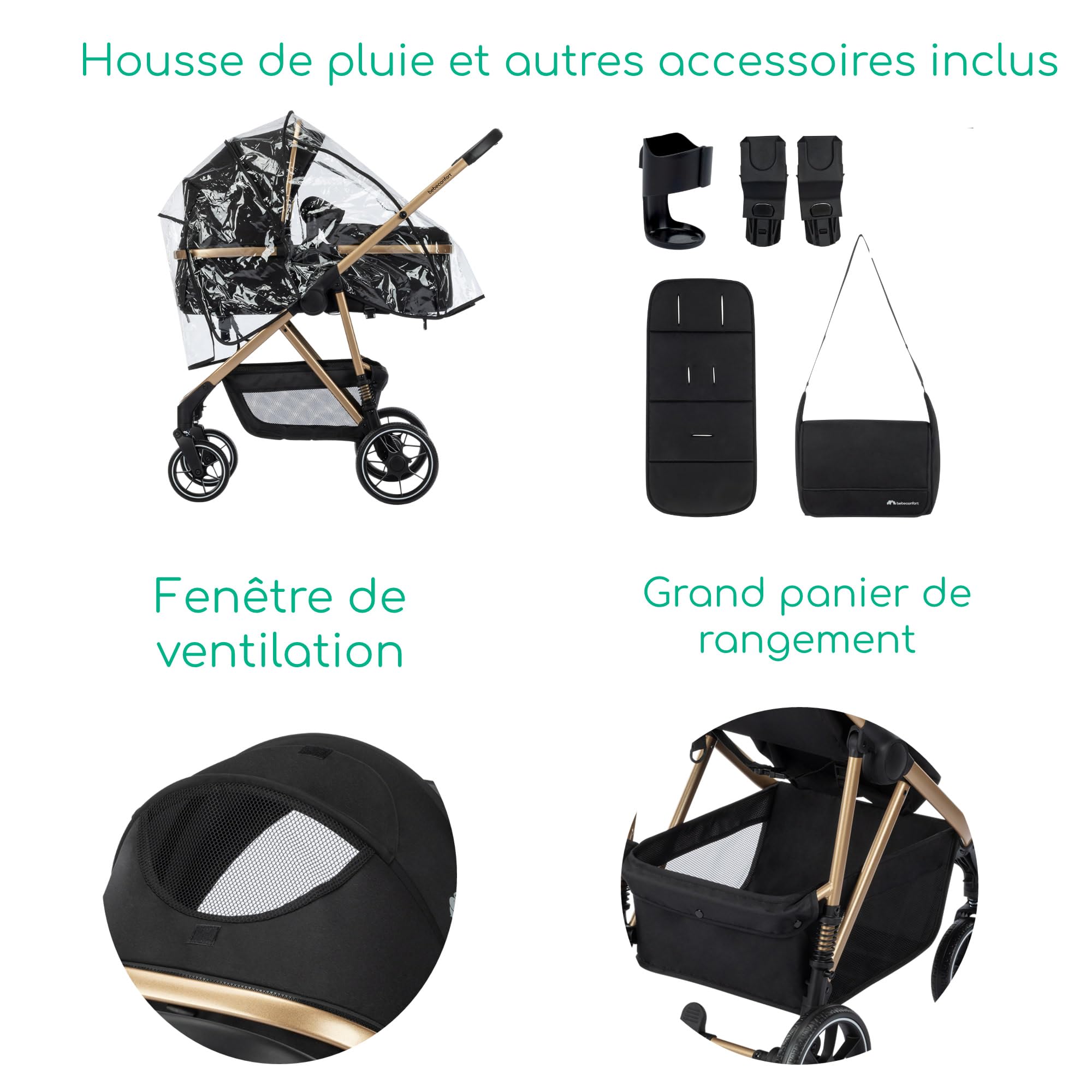 Bebeconfort Zaria Trio, Poussette Trio avec Accessoires, 0-22 kg, Noir/Or | Poussette 3 en 1 avec Siège Auto Bébé, Siège Réversible et Inclinable 2-en-1, Suspension aux 4 Roues, Panier 5 kg