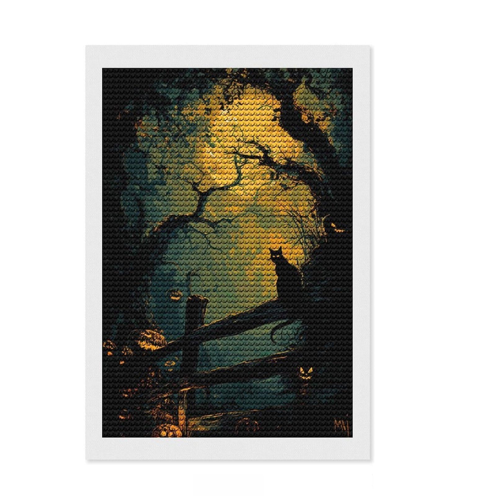 Junmoney Halloween Night Cat and Pumpkins Diamond Art Canvas 8"x12", for Women, Complete Accessories, Birthday Gift, Cosy Home Accent, Sparkling Round Gems
