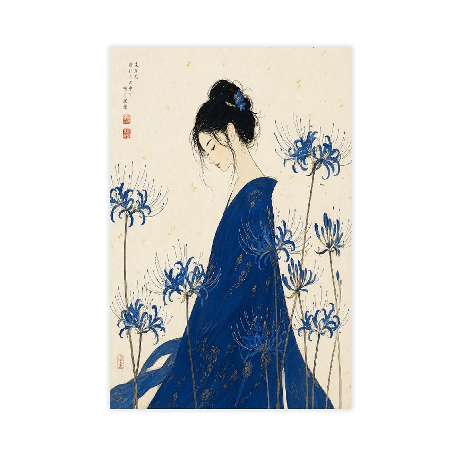 W7c8u2x3 Unframe-Style-24 Blue Kimono Woman Canvas Wall Art, Japanese Woodblock