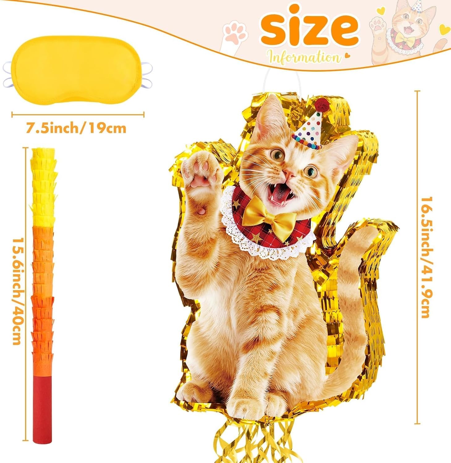 WERNNSAI Cat Piñata - Orange Cat Birthday Decorations Pull String Piñata Bundle with Blindfold and Bat Cute Animal Party Game for Kitten Party Supplies