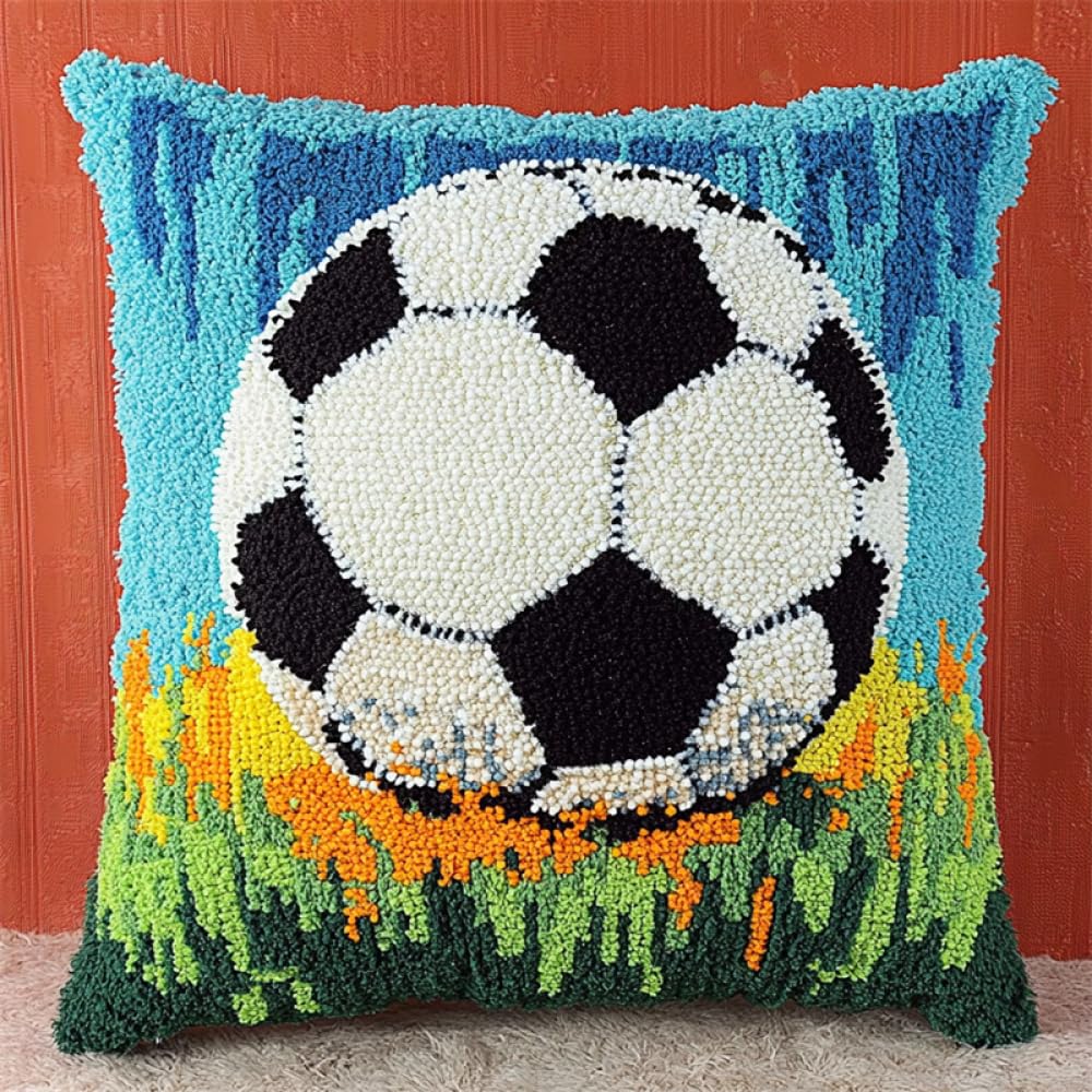 Kitquiver DIY Latch Hook Kit Cartoon Football Latch Hook Kit Pillow DIY Rug Crochet Hook Cushion Making Kits with Preprinted Pattern Canvas 17x17in