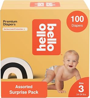 Hello Bello 프리미엄 아기 기저귀, 사이즈 3 (6.4-10.9kg(14-24파운드)) 서프라이즈 팩 - 100개, 저자극성, 부드럽고 천 같은 느낌 - 다양한 성별 뉴트럴 패턴