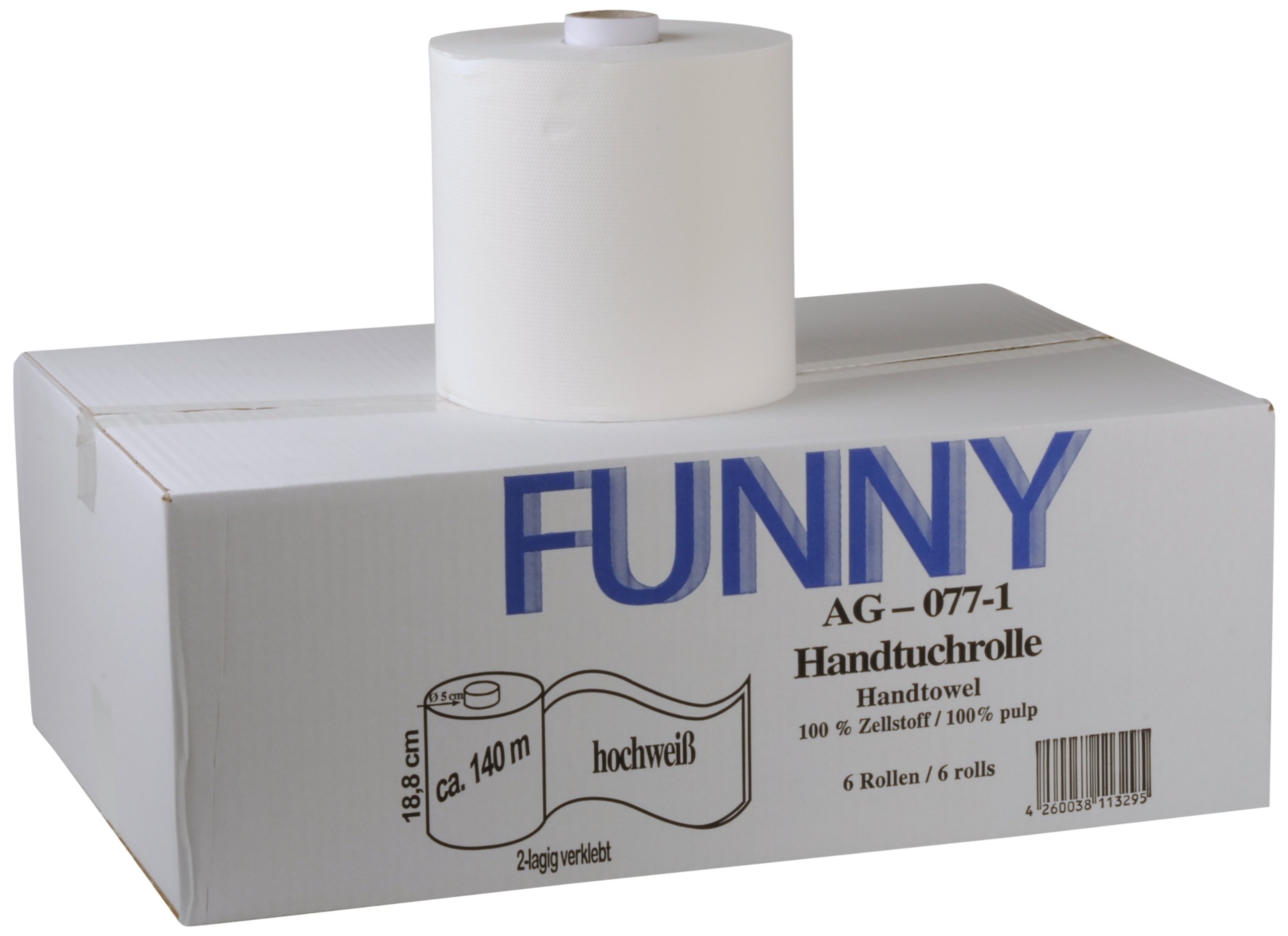Funny Handtuchrolle mit Spezialkern, für markenfreie Spendersysteme, 2 lagig, hochweiß, 19 cm, ca. 140 m, 5er Kern, 1er Pack (1 x 6 Stück)