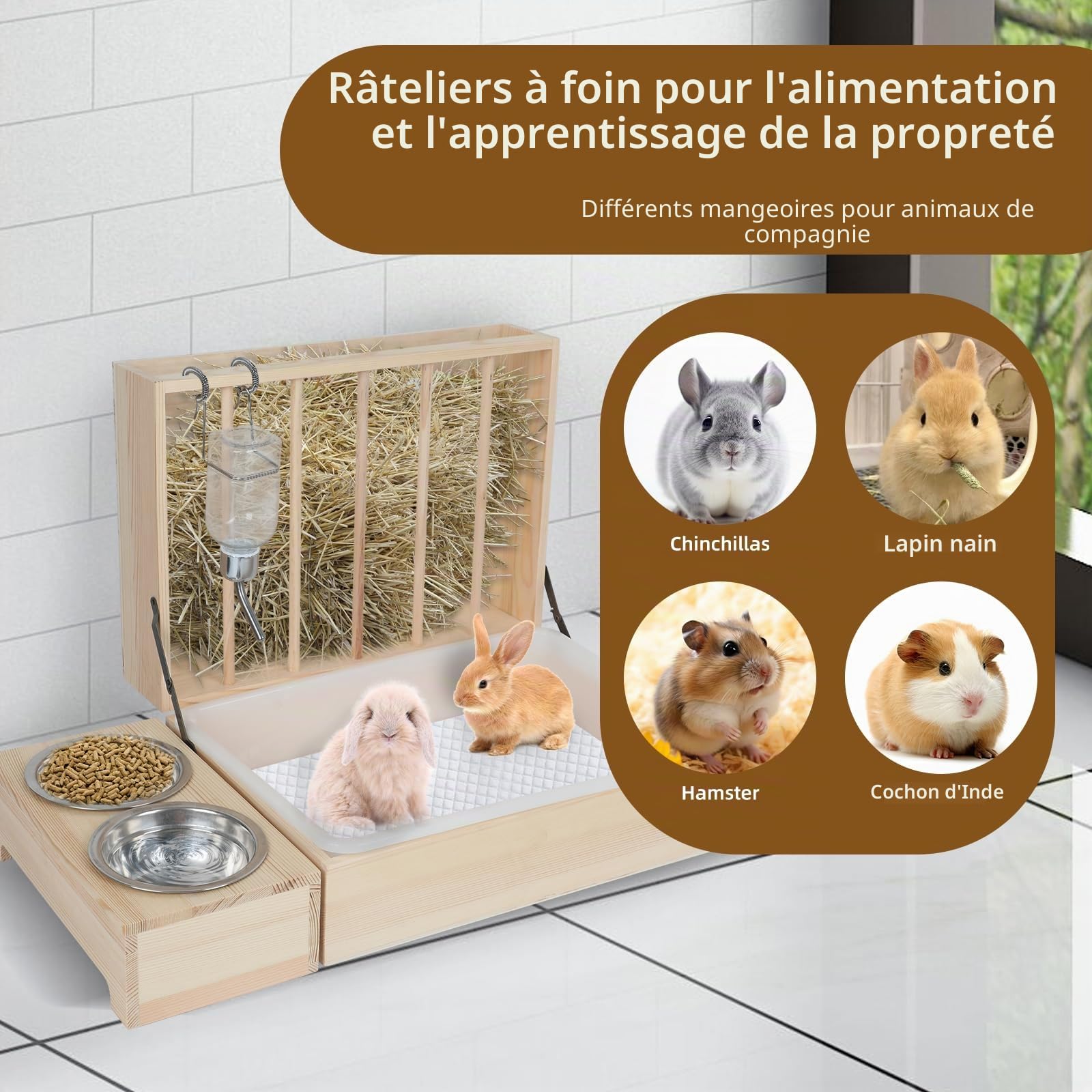 Distributeur de foin pour lapin, râtelier à foin avec litière en plastique pour chat, toilettes, bols et bouteille d'eau, râtelier à foin en bois pour cochons d'Inde, hamsters, petits animaux (4 en 1)