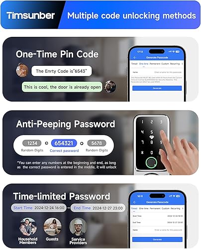 Miniatura 6 de Cerradura de puerta de huellas dactilares con asa, cerradura de puerta de entrada sin llave con teclado y timbre, cerraduras biométricas