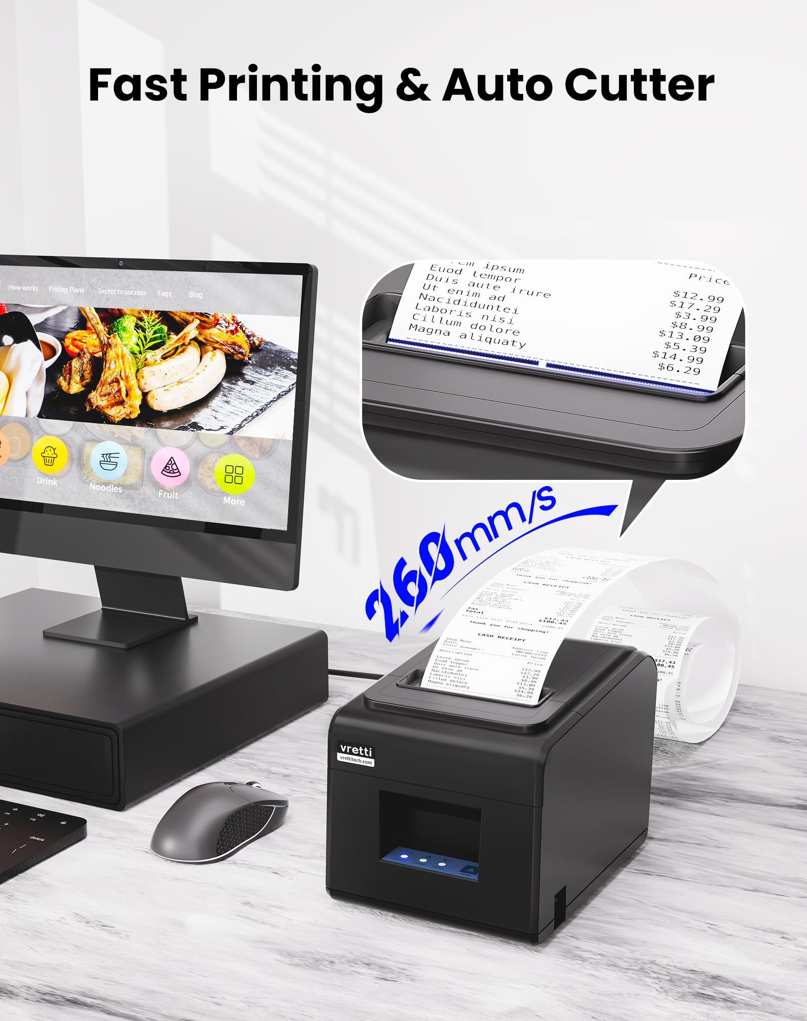 Vretti Impresora térmica de recibos, impresora térmica directa de 3'1/8 de 80 mm con puerto LAN serie USB - Impresora POS de cocina ESC/POS Command Support Cajón de efectivo