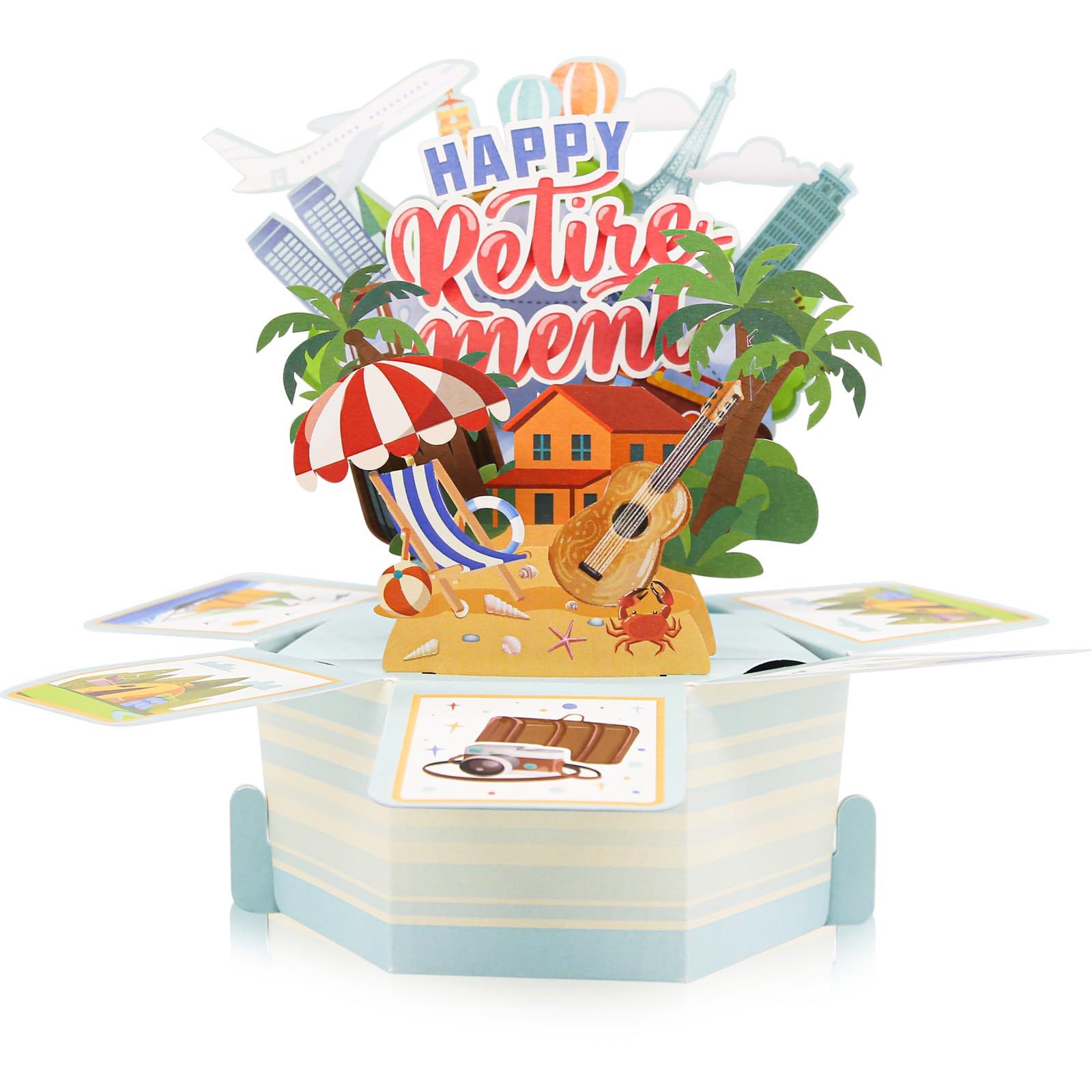 3D Retirement Card, Beach Travel Themed Theme Happy Retirement Greeting Card with Envelope, Foldable Paper Art for Party, Funny Gift & Desktop Decoration