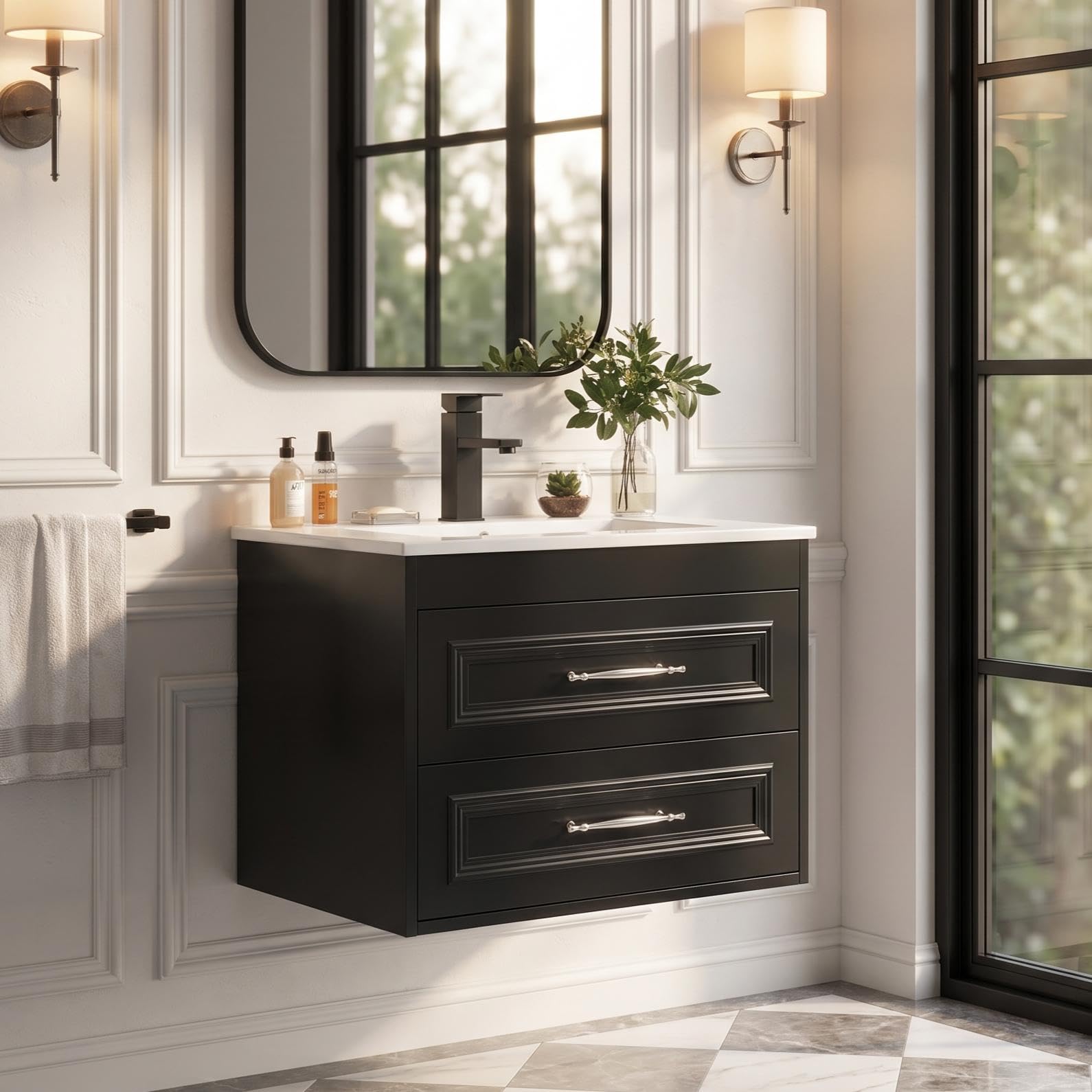 YU YUSING 60 cm Ensemble de Meuble de Salle de Bain Suspendu - Lavabo Céramique Blanc Incrusté, Robinet Noir, 2 Grands Tiroirs à Fermeture Douce, Design Moderne, Blanc et Noir, pour Espace Réduit