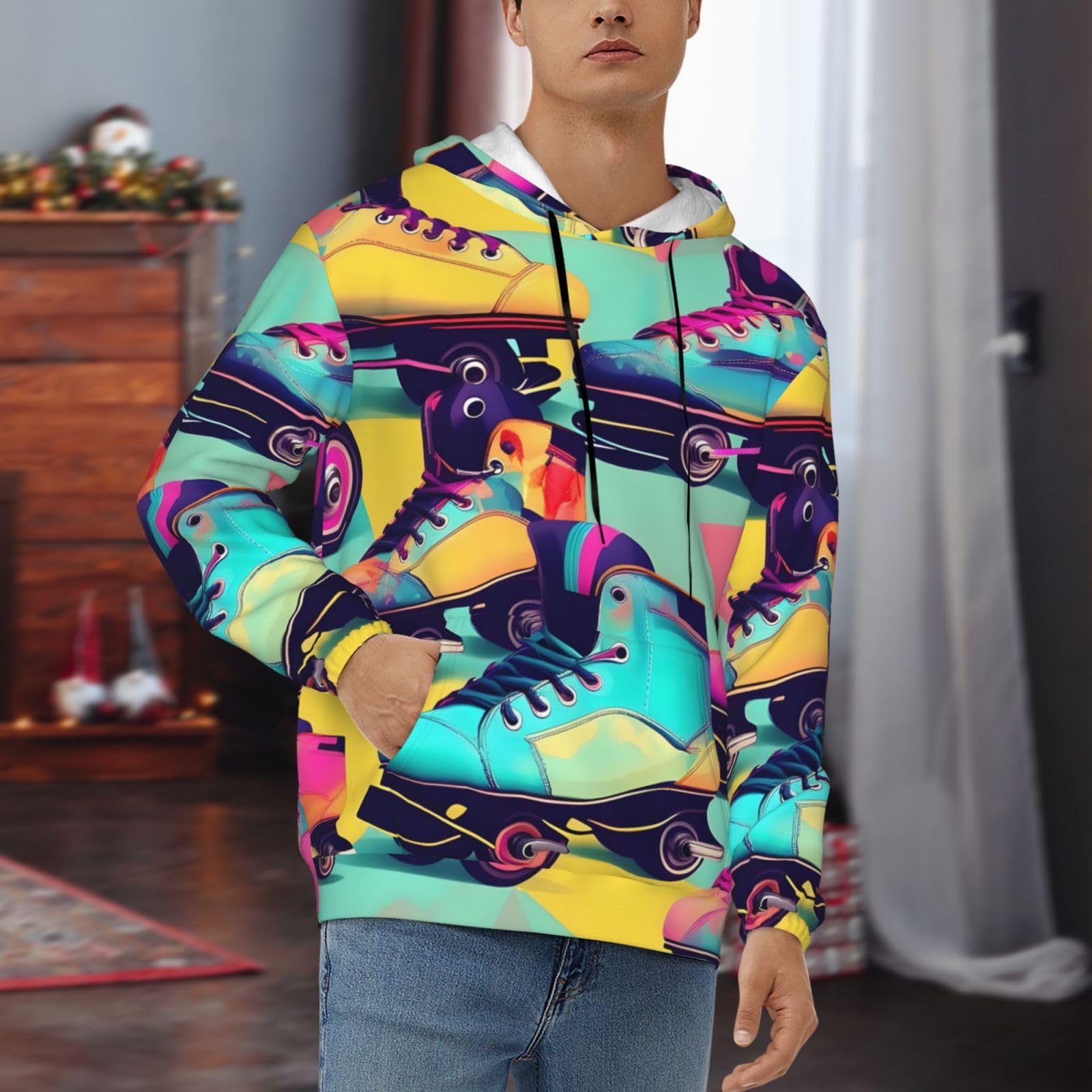 Męska bluza z kapturem w stylu retro z kolorowym nadrukiem, casualowa grafika z nadrukiem bluzy z kapturem z kieszenią