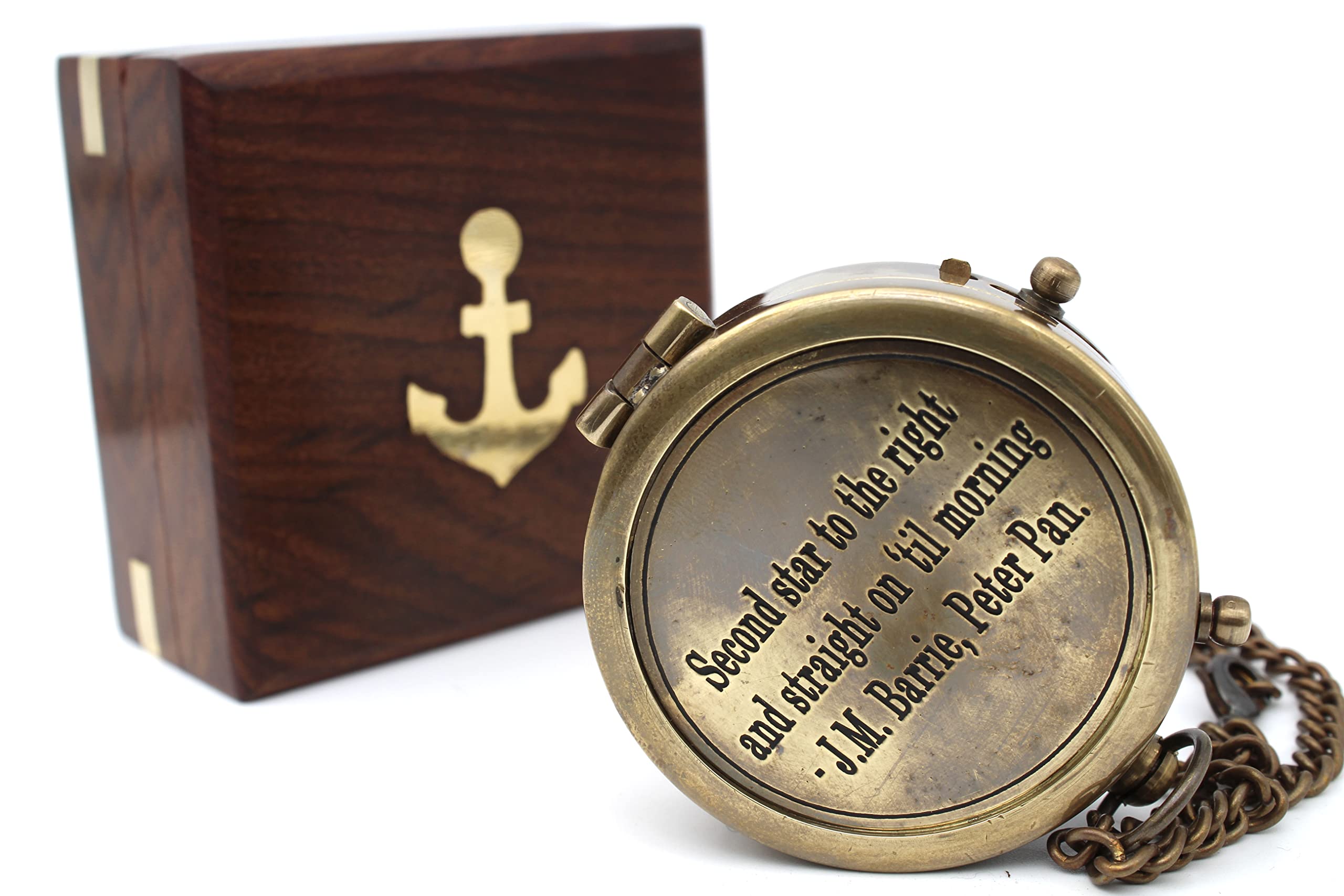 Second Star to The Right J. M. Barrie, Peter Pan Engraved Brass Compass with Wooden Case.