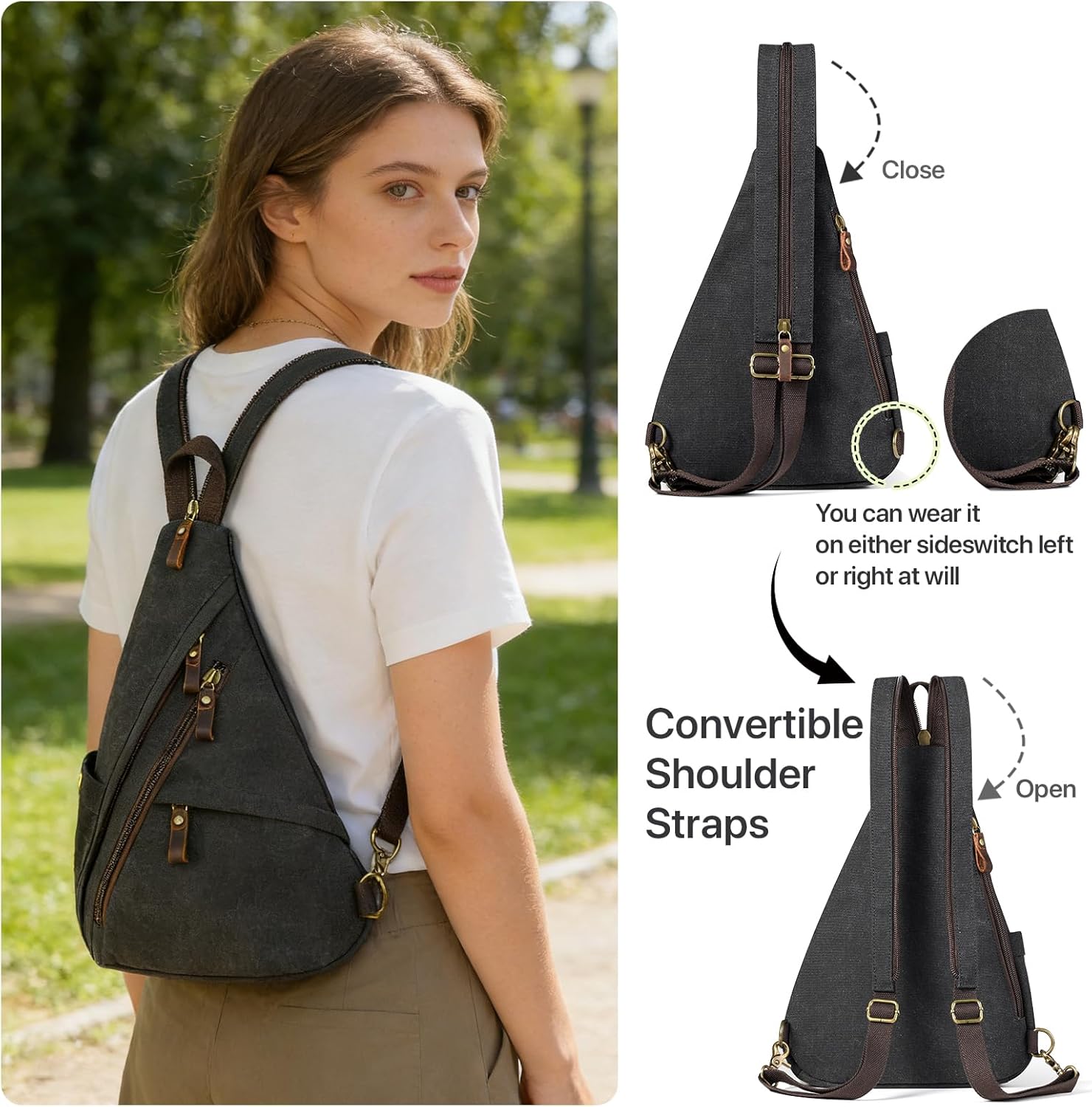 Vintage Canvas Sling Bag for Men and Women, 3-in-1 Convertible Crossbody Backpack Chest Bag with Genuine Leather Zipper, Large Capacity Travel Daypack (Gray)