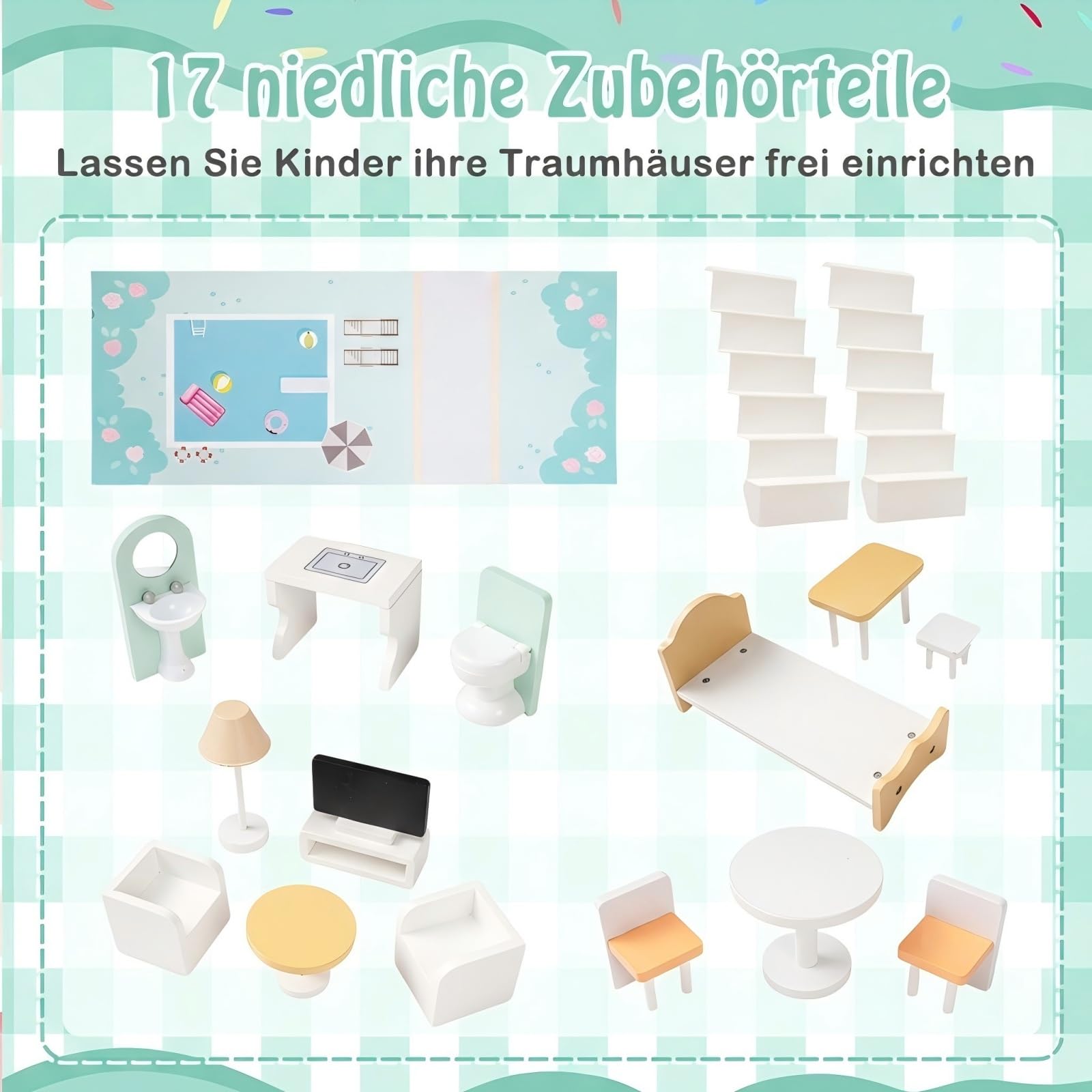 COSTWAY Puppenhaus Holz, Kinder Dollhouse mit 17 Möbelstücken, große Puppenvilla 120,5 cm Hoch mit 3 Etagen, Traumvilla für Mädchen & Jungen ab 2 Jahren, 73 x 34 x 120,5 cm (Grün)