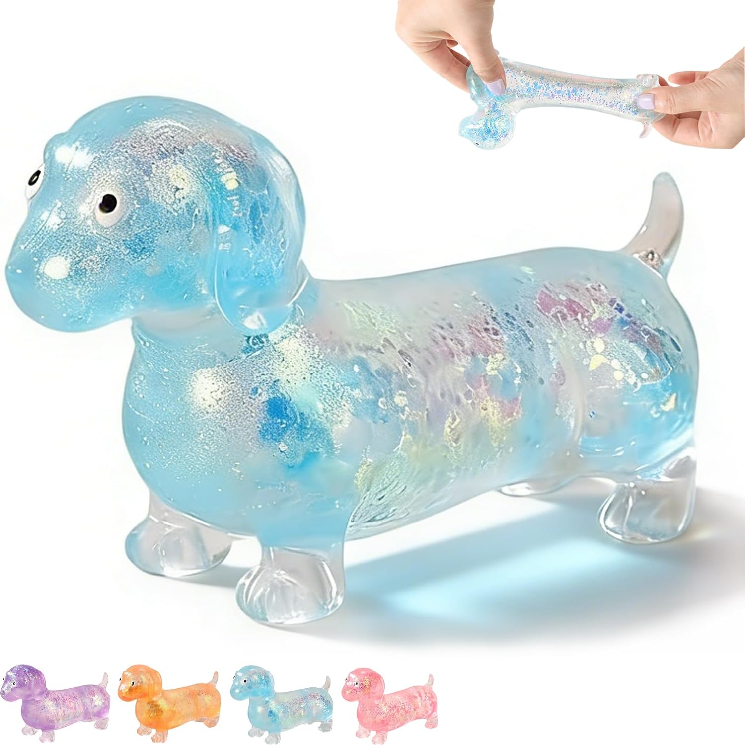 Weiner Dog Squishy, Sparkly Squishy Sausage Dog, Cute Ultra-Soft Touch Mini Rainbow Weiner Dog—4 Models with Face (1-C)