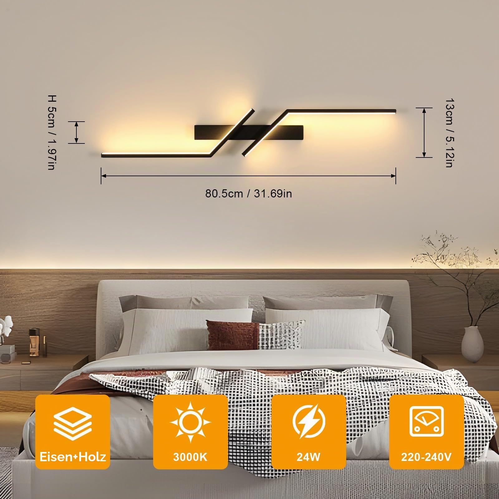 DELIPOP Wandleuchte LED Innen, 24W Lange Linie Moderne Wandlampe Schwarz, Warmweiß 3000K Wandbeleuchtung Für Schlafzimmer Wohnzimmer Korridor Treppenhaus | Lange Linie Wandbeleuchtung Für Schlafzimmer Wohnzimmer Korridor Esszimmer