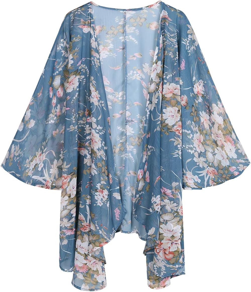 Women's Floral Print Sheer Chiffon Loose Kimono Cardigan Capes