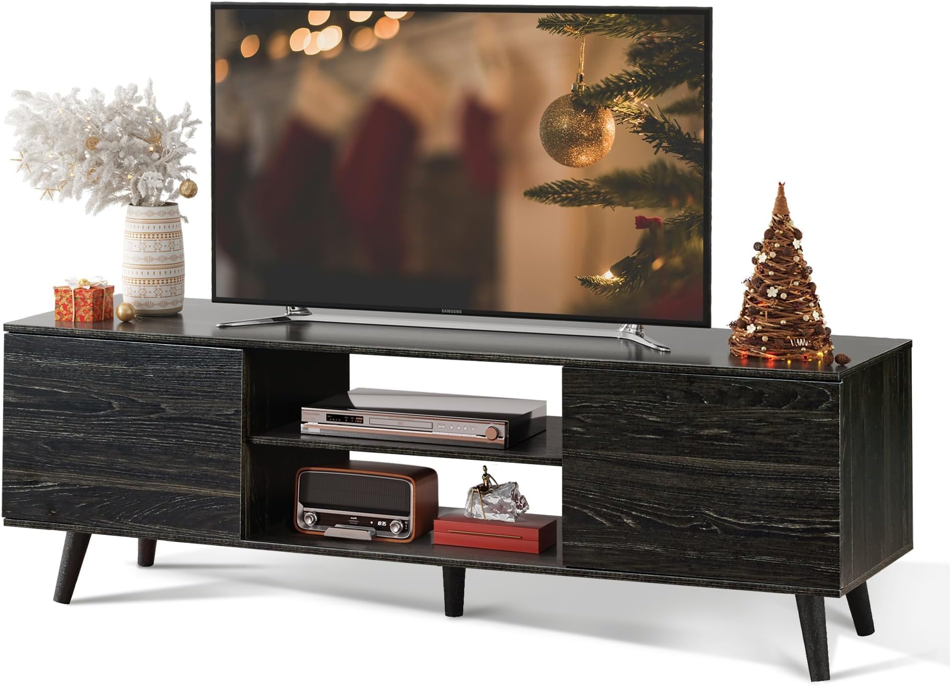 Mid-Century Modern TV Stand for 55/60 Inch TV, Entertainment Center with Storage & Adjustable Shelves, Media Console with Soft-Close Cabinets for Living Room/Bedroom, Greige White