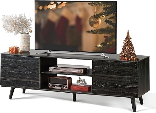 WLIVE Soporte de TV para TV de 55 y 60 pulgadas, moderno centro de entretenimiento con armarios de almacenamiento, mesa consola de TV de mediados de