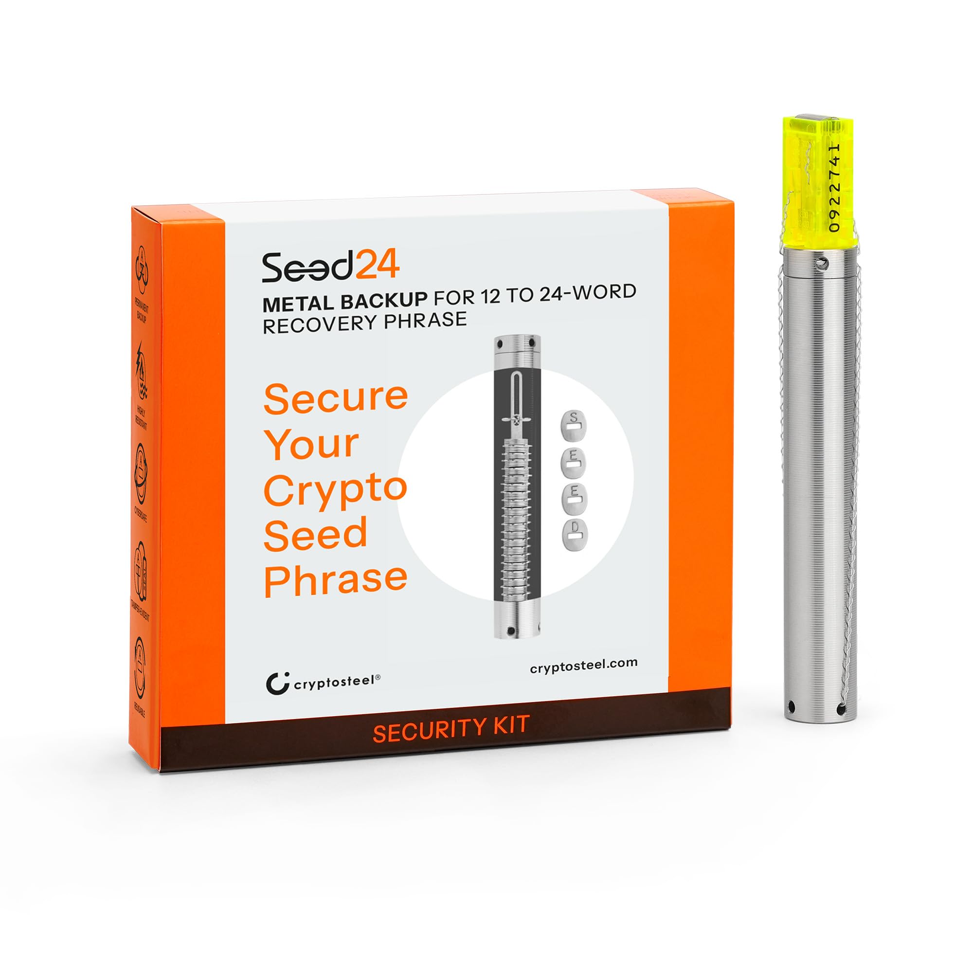 Cryptosteel Seed24 Security Kit (NEUHEIT) – Crypto Seed Phrase Storage aus Edelstahl – Metall Seed Backup für 24 Wörter (BIP39) – werkzeugfrei, Capsule, Siegel – feuerfest & wasserfest